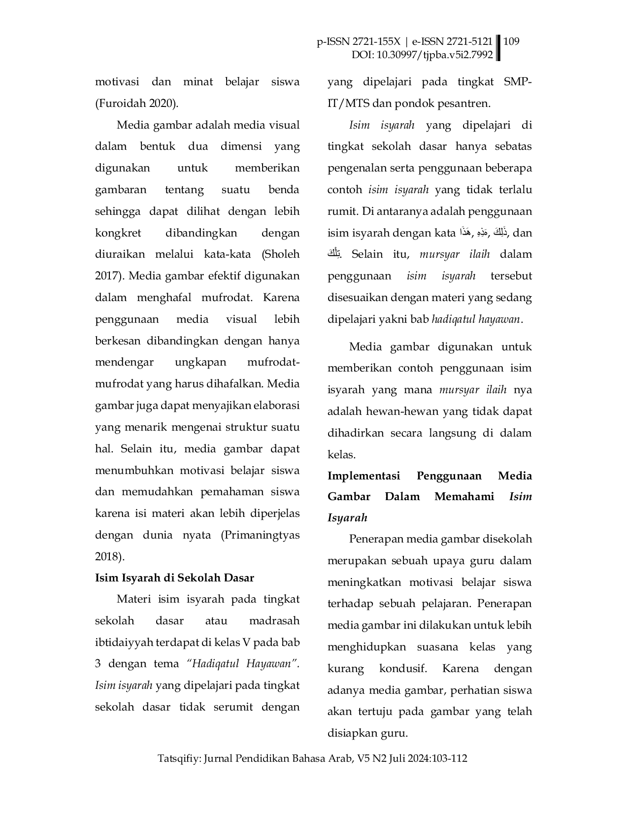 JURIS Implementasi Penggunaan Media Gambar dalam Memahami Isim Isyarah di Kelas 5 SD Insan Kamil Bogor