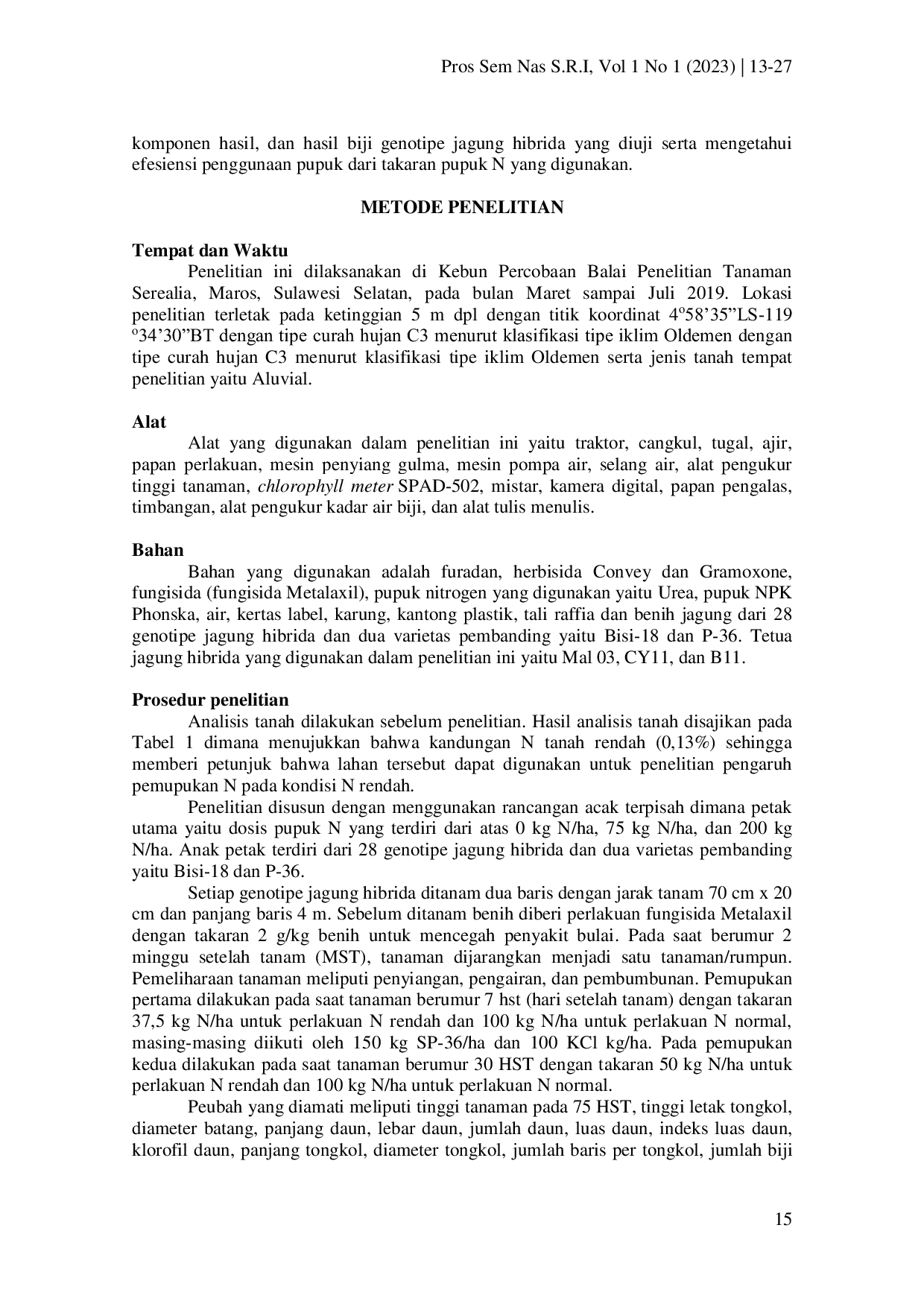 JURIS Pengaruh Pemupukan Nitrogen Terhadap Pertumbuhan dan Produktivitas Jagung Pada Kondisi N Rendah Di Lahan Sawah Aluvial