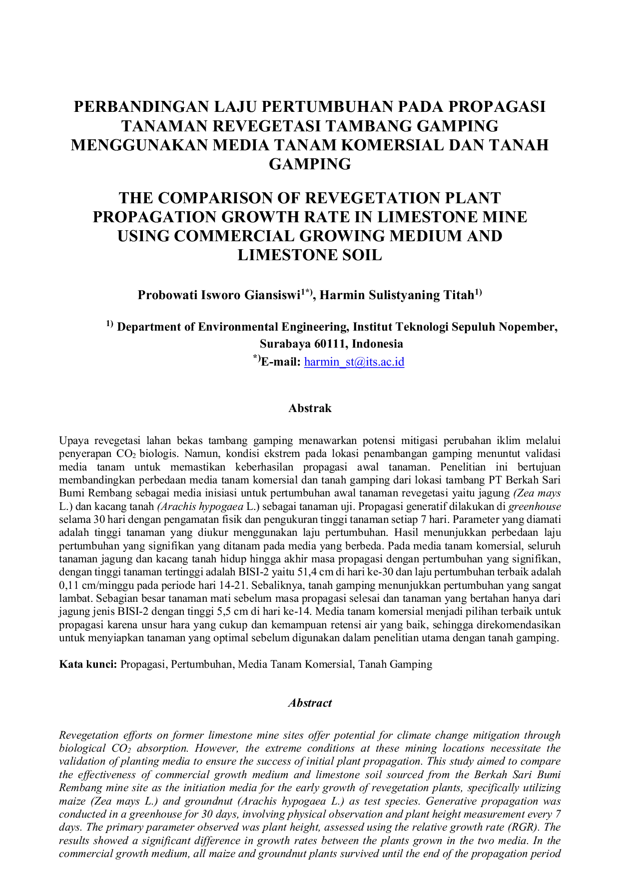JURIS Perbandingan Laju Pertumbuhan Pada Propagasi Tanaman Revegetasi Tambang Gamping Menggunakan Media Tanam Komersial dan Tanah Gamping