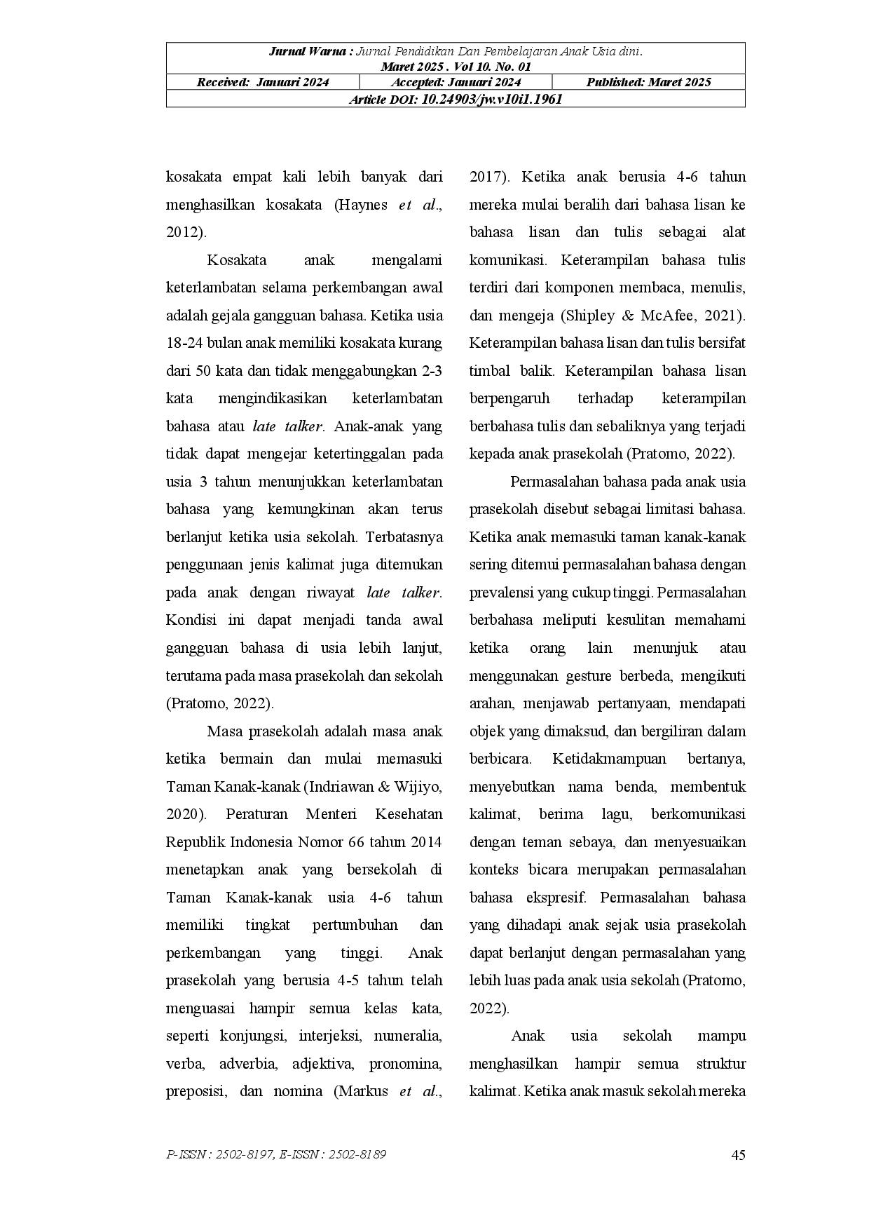 juris Hubungan Antara Pemahaman Kosakata Dengan Kompleksitas Kalimat Pada Anak Usia Preschool Di TKIT Al Ummah Sukoharjo