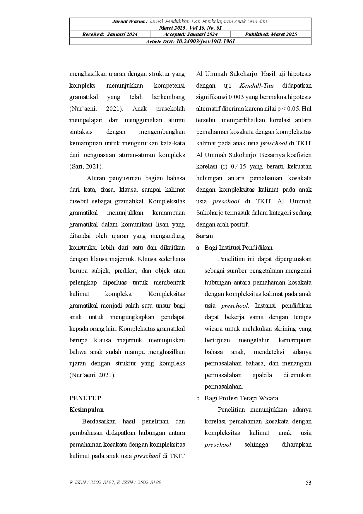 juris Hubungan Antara Pemahaman Kosakata Dengan Kompleksitas Kalimat Pada Anak Usia Preschool Di TKIT Al Ummah Sukoharjo
