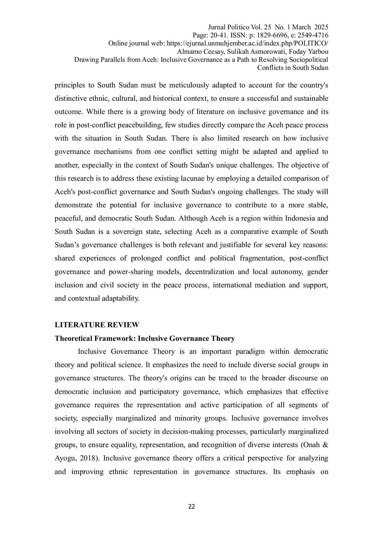 JURIS Drawing Parallels from Aceh Inclusive Governance as a Path to Resolving Sociopolitical Conflicts in South Sudan