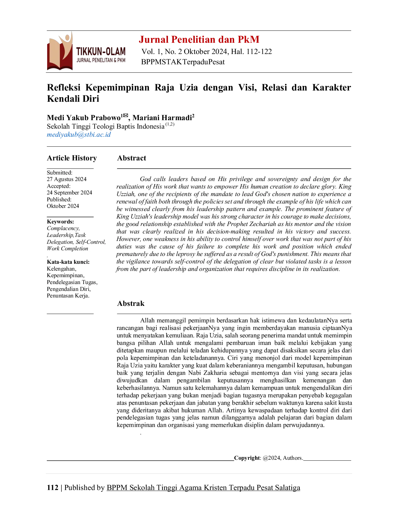 JURIS Refleksi Kepemimpinan Raja Uzia dengan Visi Relasi dan Karakter Kendali Diri