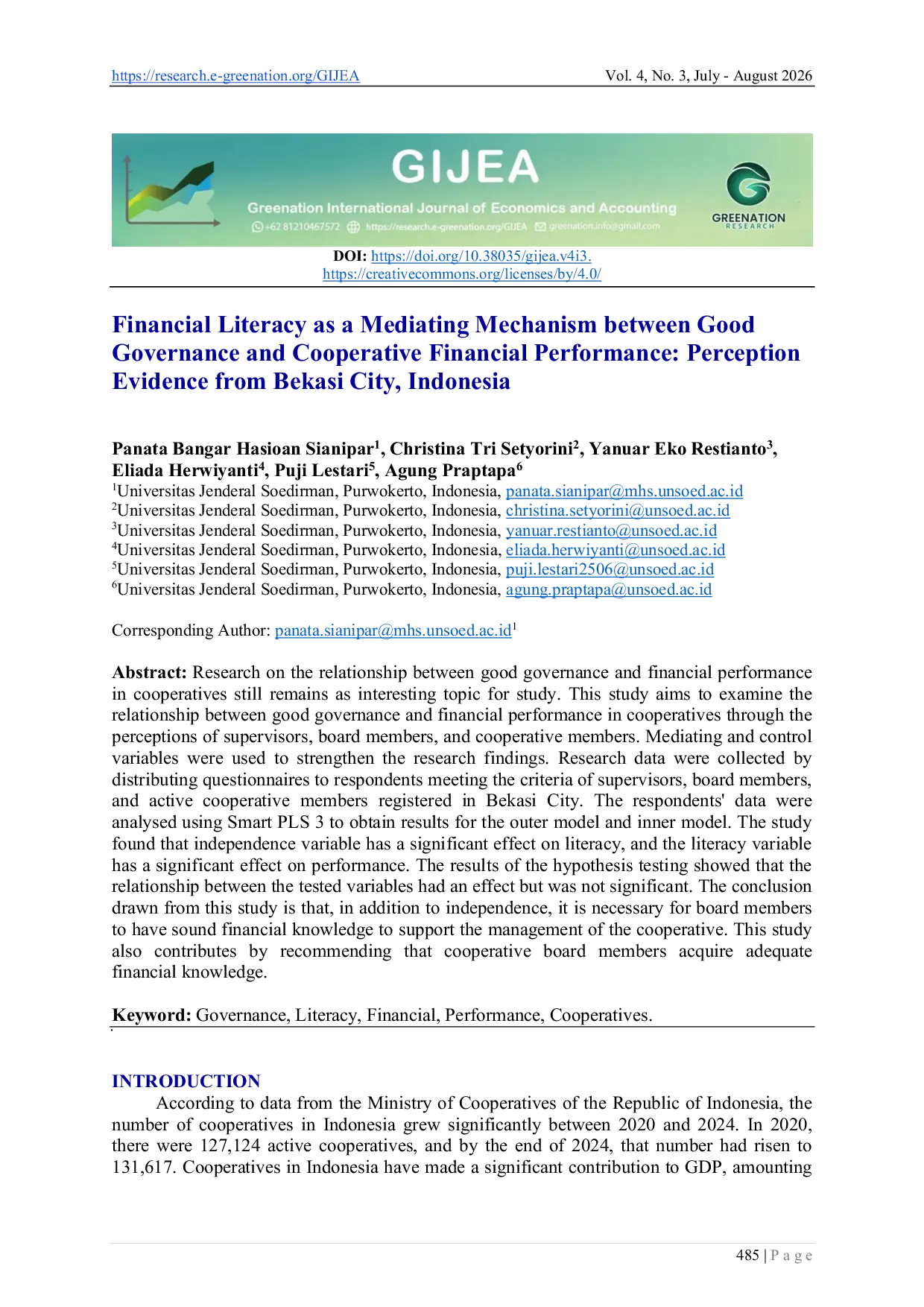 JURIS Financial Literacy as a Mediating Mechanism between Good Governance and Cooperative Financial Performance Perception Evidence from Bekasi City Indonesia
