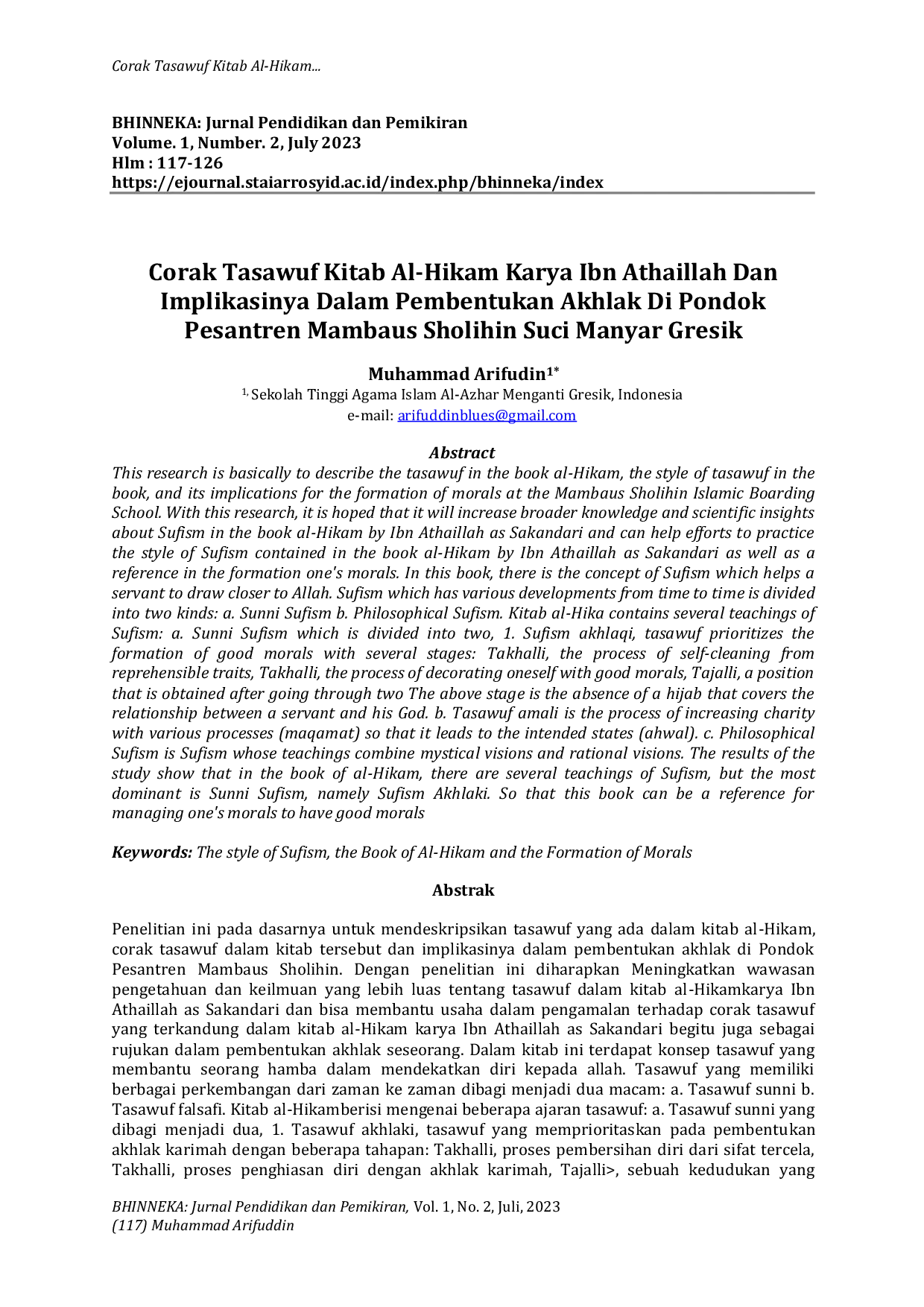 JURIS Corak Tasawuf Kitab Al Hikam Karya Ibn Athaillah Dan Implikasinya Dalam Pembentukan Akhlak Di Pondok Pesantren Mambaus Sholihin Suci Manyar Gresik