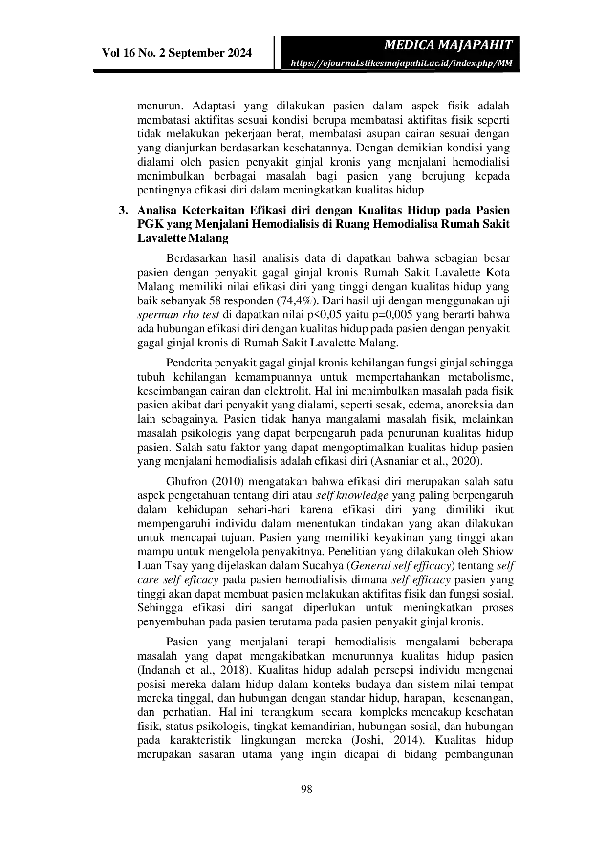 JURIS Keterkaitan Efikasi Diri Dengan Kualitas Hidup Pada Pasien Gagal Ginjal Kronis