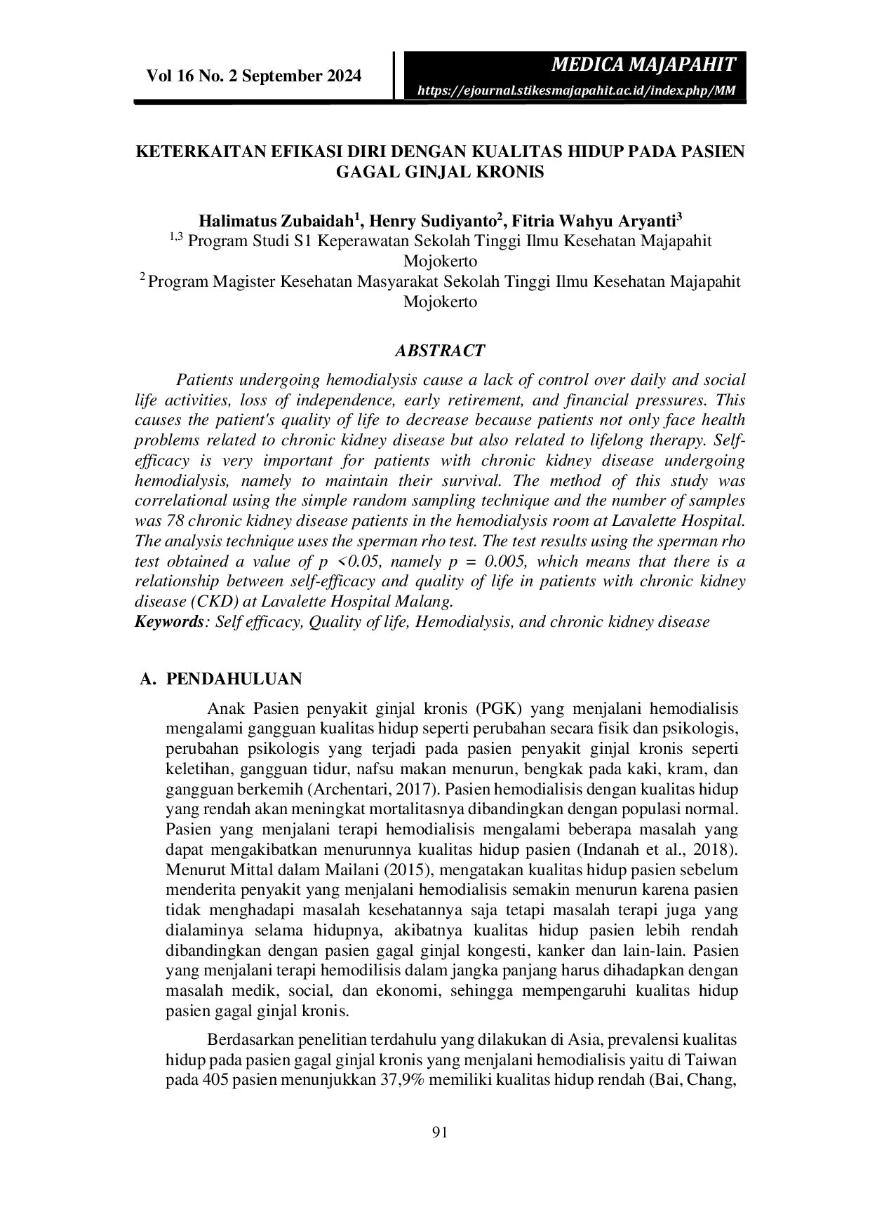 JURIS Keterkaitan Efikasi Diri Dengan Kualitas Hidup Pada Pasien Gagal Ginjal Kronis