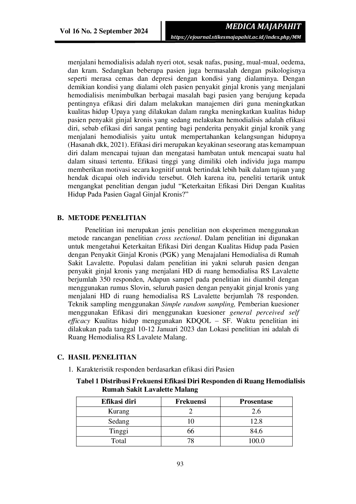 JURIS Keterkaitan Efikasi Diri Dengan Kualitas Hidup Pada Pasien Gagal Ginjal Kronis