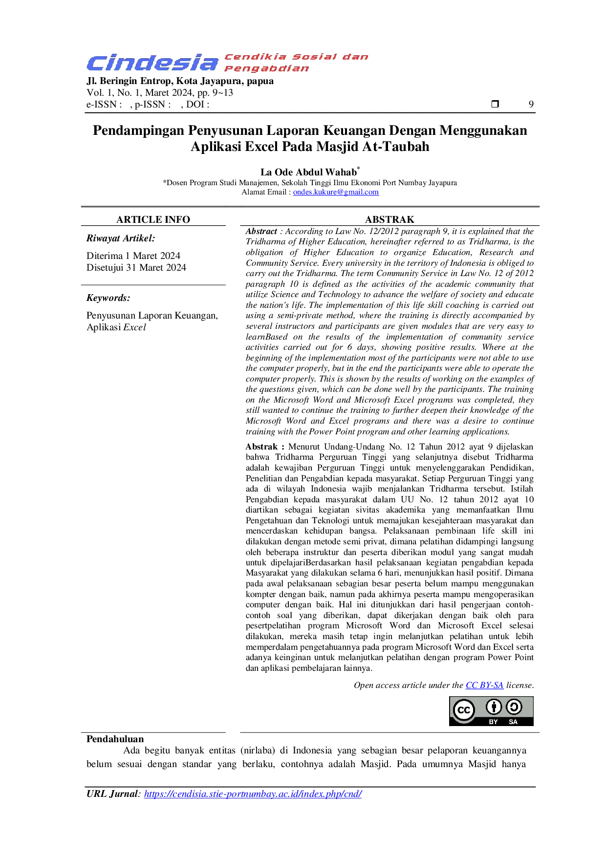 JURIS Pendampingan Penyusunan Laporan Keuangan Dengan Menggunakan Aplikasi Excel Pada Masjid At Taubah