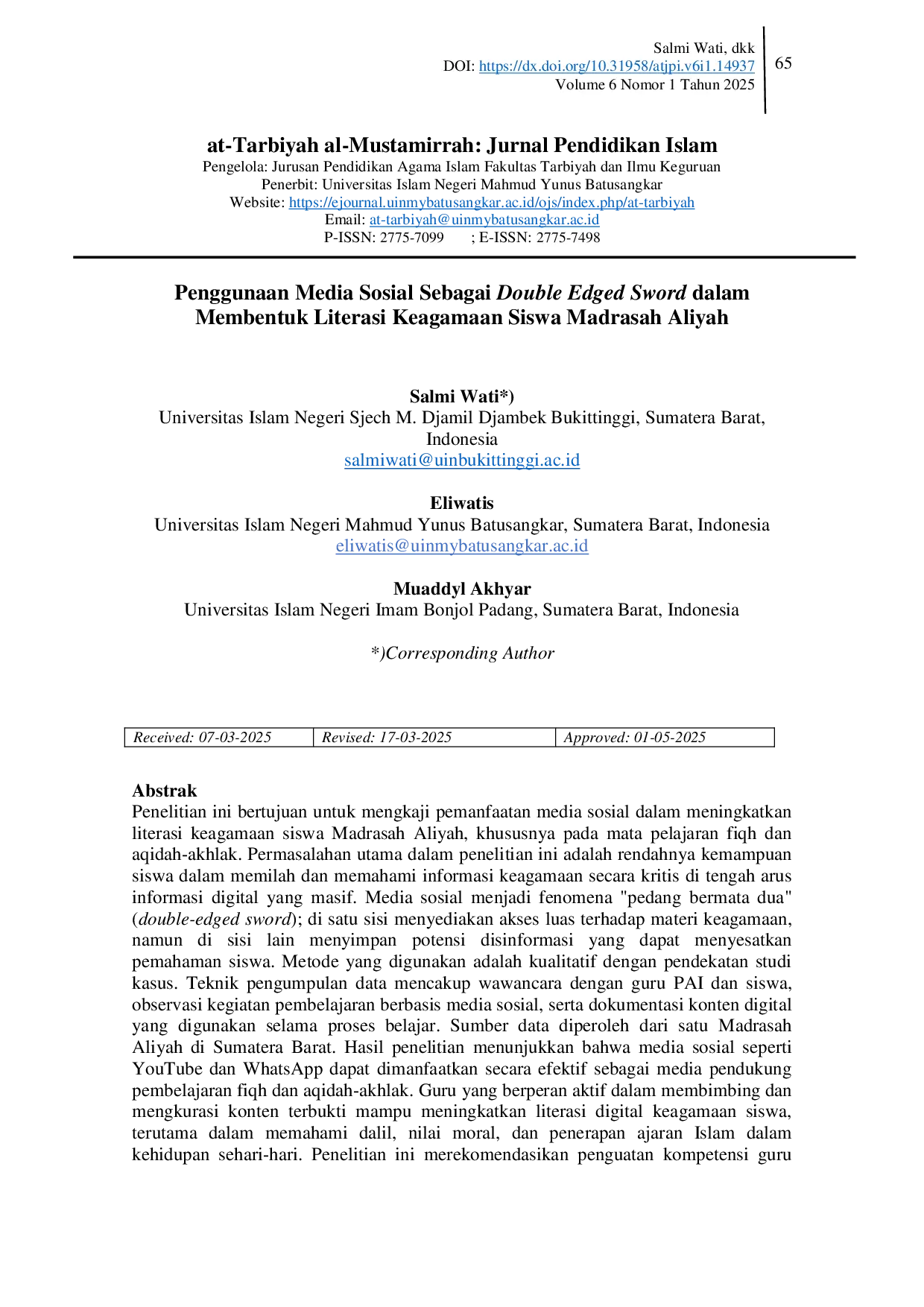 JURIS Penggunaan Media Sosial Sebagai Double Edge Sword dalam Membentuk Literasi Keagamaan Siswa Madrasah Aliyah