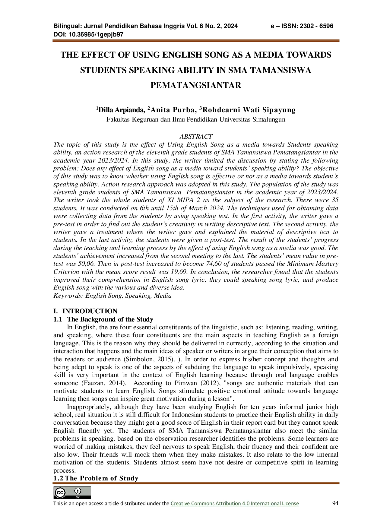 JURIS The Effect Of Using English Song As A Media Towards Students Speaking Ability In SMA Tamansiswa Pematangsiantar