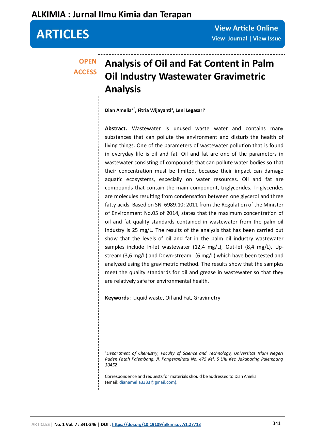 JURIS Analysis of Oil and Fat Content in Palm Oil Industry Wastewater Gravimetric Analysis
