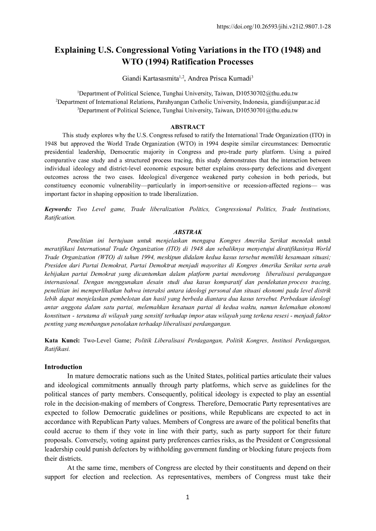 JURIS Explaining the United States of America s Congressional Voting Variations on International Trade Organization Establishment