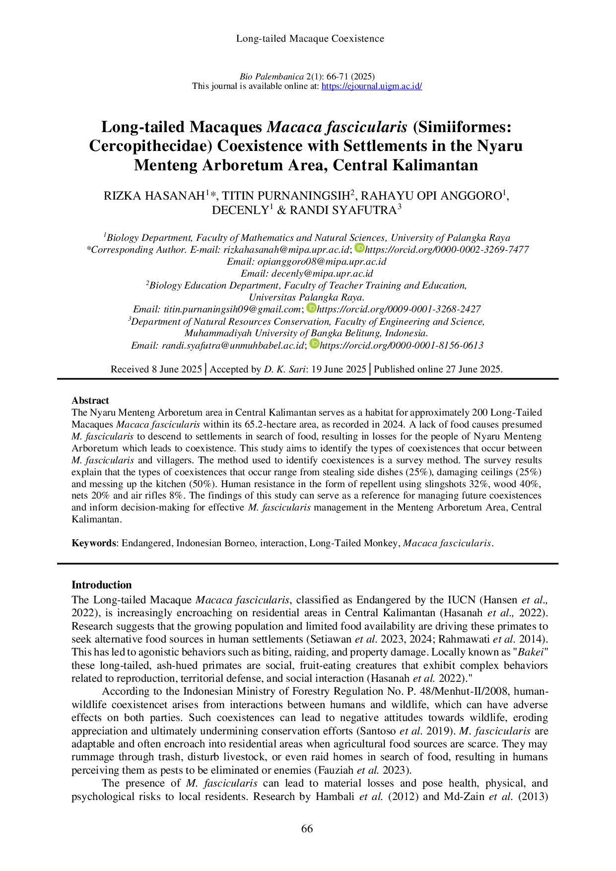 JURIS Long tailed Macaques Macaca fascicularis Simiiformes Cercopithecidae Coexistence with Settlements in the Nyaru Menteng Arboretum Area Central Kalimantan