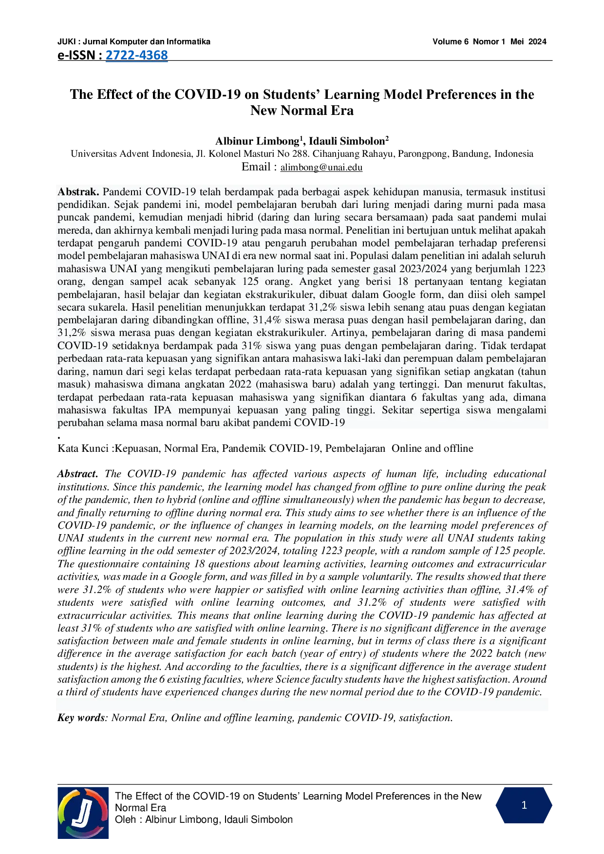 JURIS The Effect of the COVID 19 on Students Learning Model Preferences in the New Normal Era
