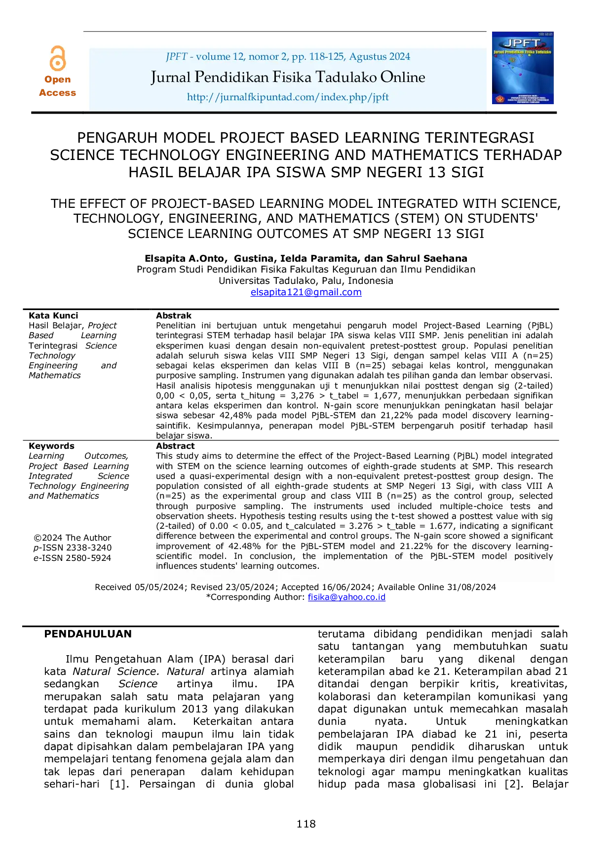 JURIS Pengaruh Model Project Based Learning terintegrasi Science Technology Engineering and Mathematics Terhadap Hasil Belajar IPA Siswa Kelas VIII SMP Negeri 13 Sigi