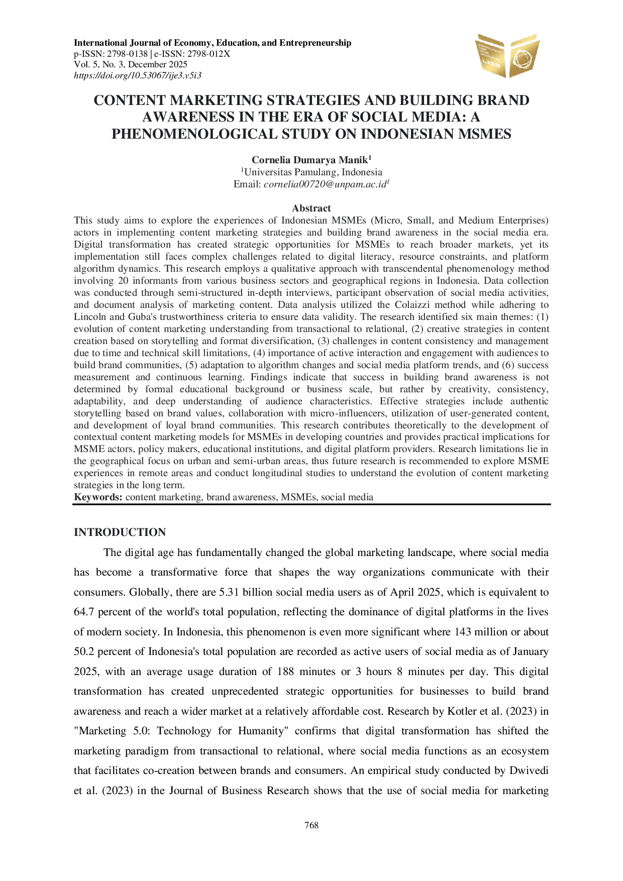 JURIS Content Marketing Strategies and Building Brand Awareness in the Era of Social Media A Phenomenological Study on Indonesian MSMEs