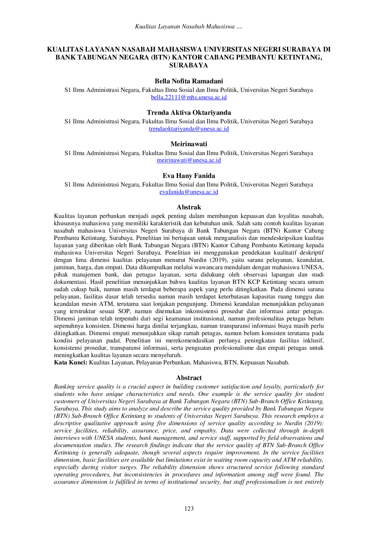 JURIS Kualitas Layanan Nasabah Mahasiswa Universitas Negeri Surabaya Di Bank Tabungan Negara Btn Kantor Cabang Pembantu Ketintang Surabaya