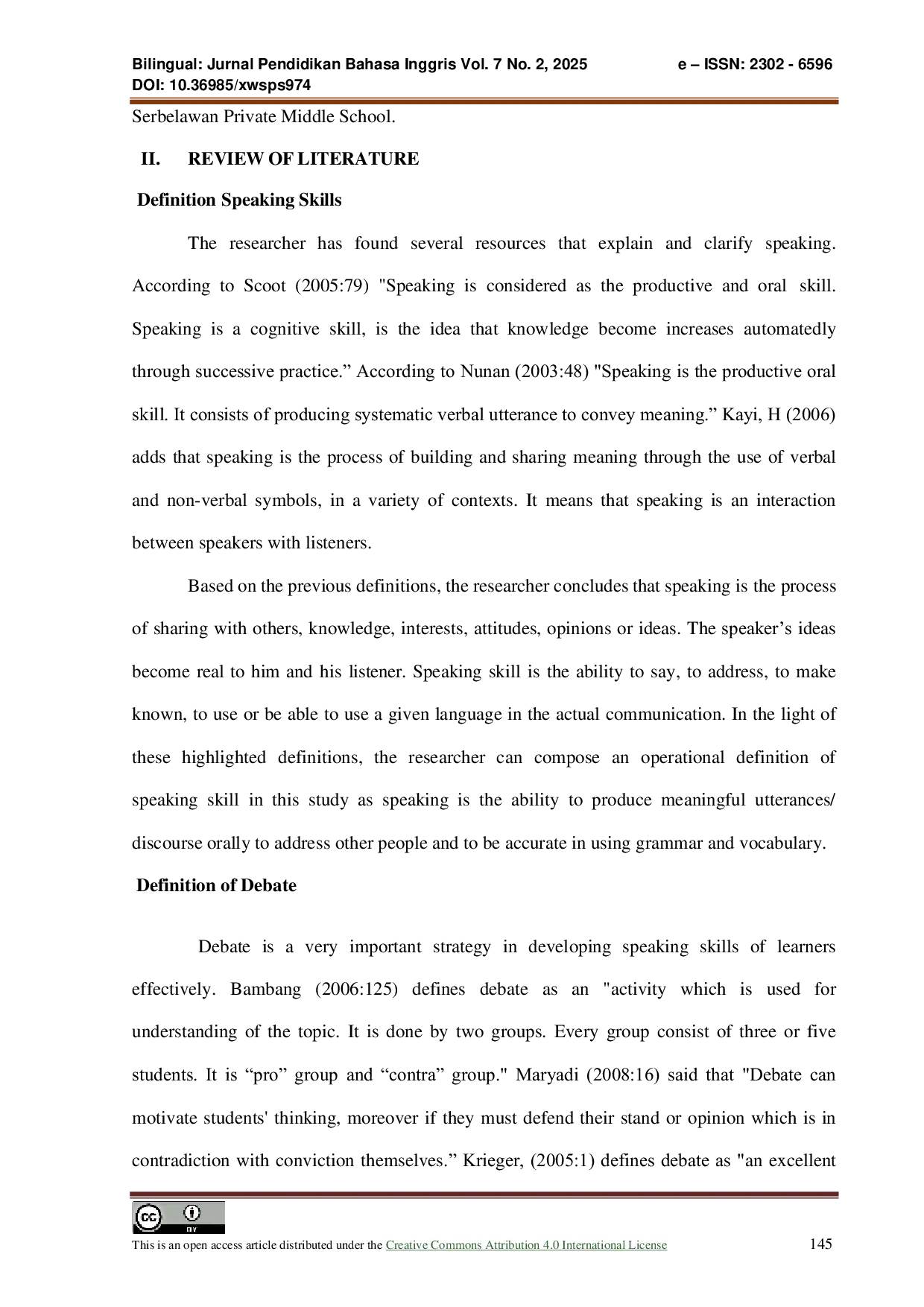 JURIS Improving Speaking Skill by Debate Method aT Grade 8 SMP Swasta Muhammadiyah 21 Serbelawan