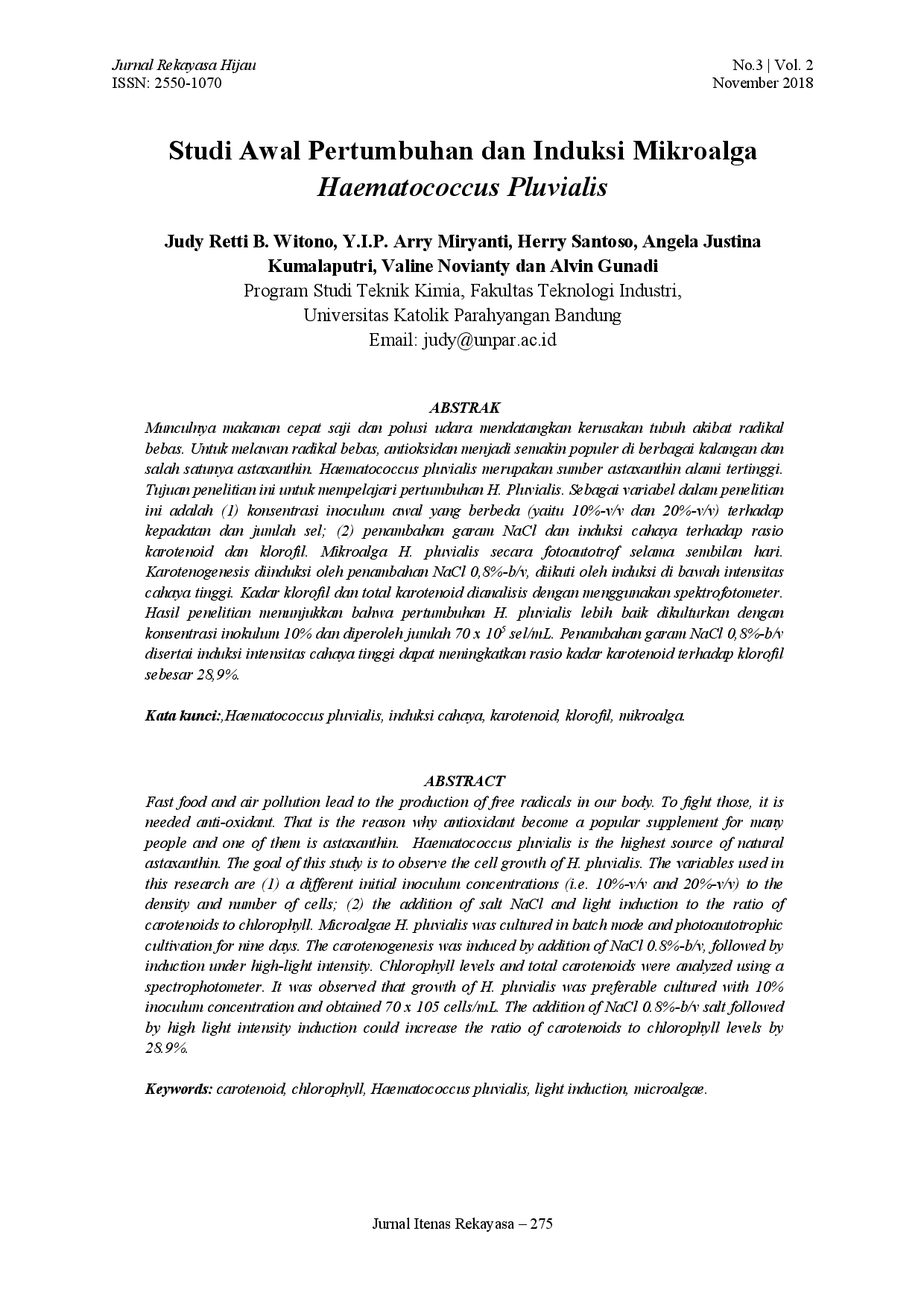 juris Studi Awal Pertumbuhan dan Induksi Mikroalga Haematococcus Pluvialis