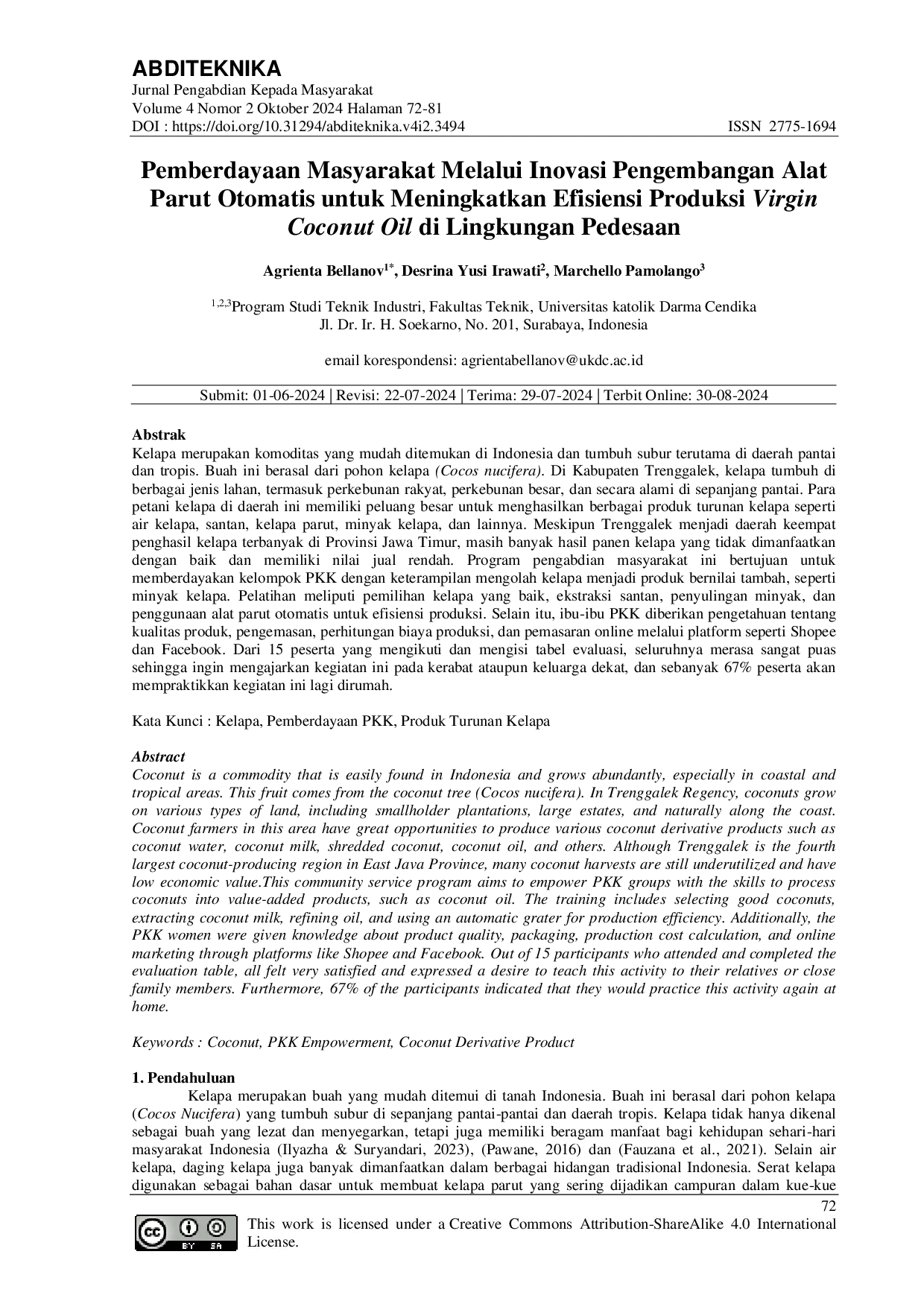 JURIS Pemberdayaan Masyarakat Melalui Inovasi Pengembangan Alat Parut Otomatis untuk Meningkatkan Efisiensi Produksi Virgin Coconut Oil di Lingkungan Pedesaan