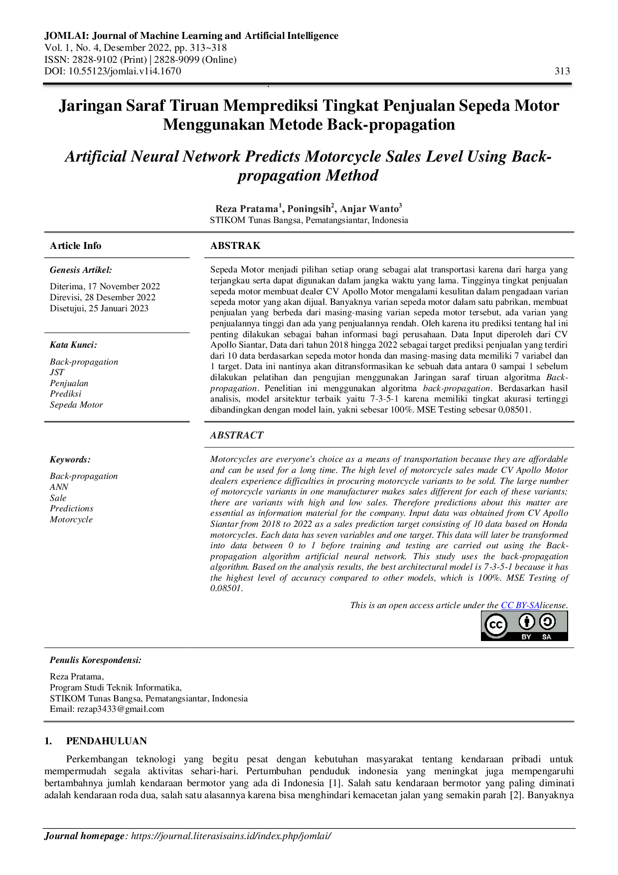 JURIS Jaringan Saraf Tiruan Memprediksi Tingkat Penjualan Sepeda Motor