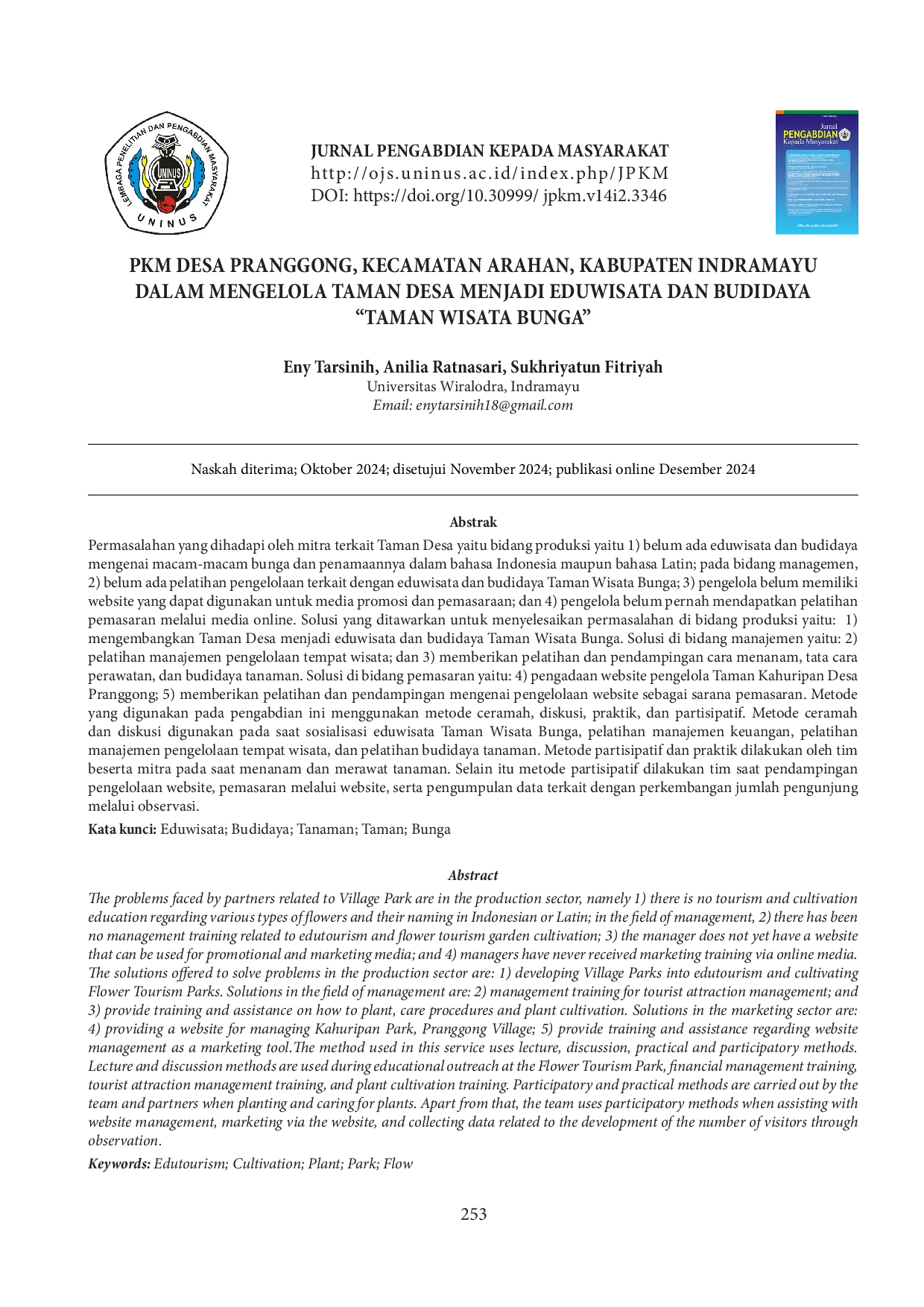 JURIS PKM Desa Pranggong Kecamatan Arahan Kabupaten Indramayu dalam mengelola Taman Desa menjadi Eduwisata dan Budidaya Taman Wisata Bunga PKM Desa Pranggong