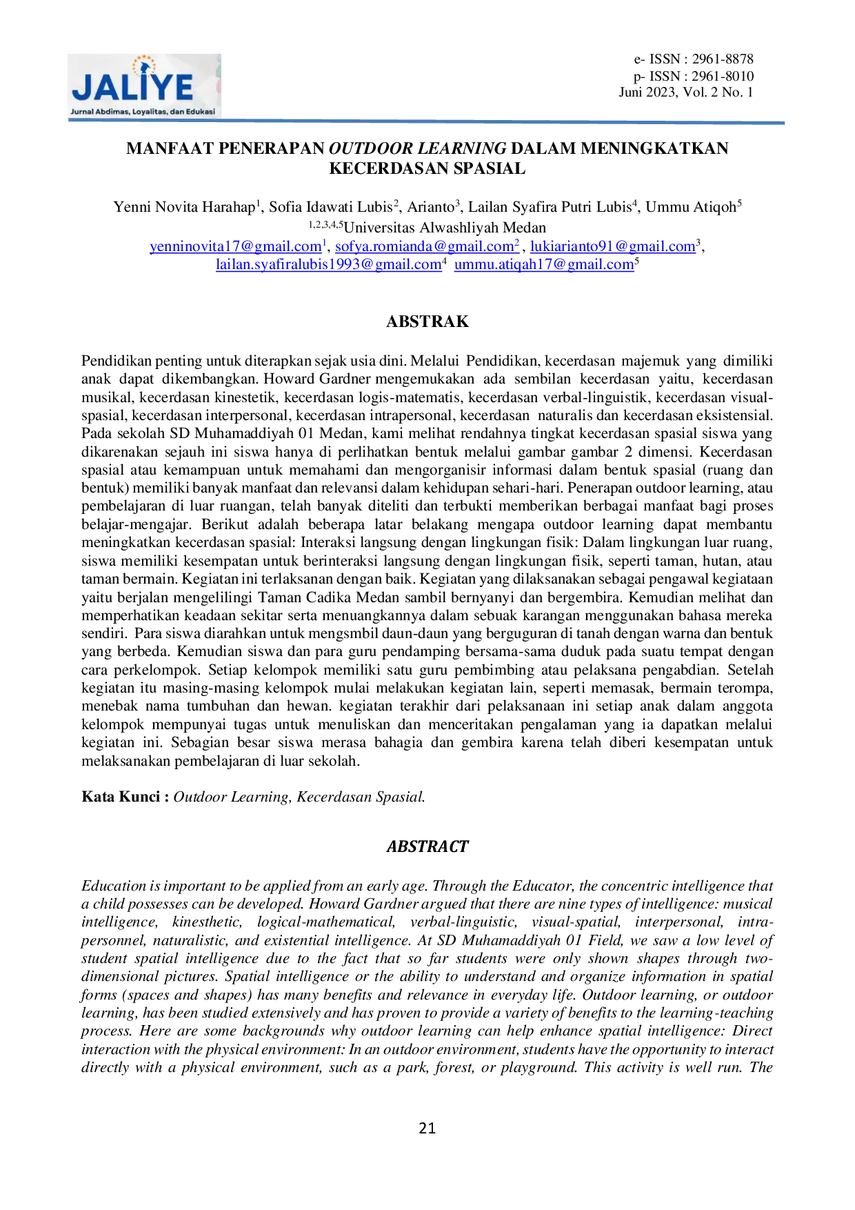 JURIS Manfaat Penerapan Outdoor Learning Dalam Meningkatkan Kecerdasan Spasial