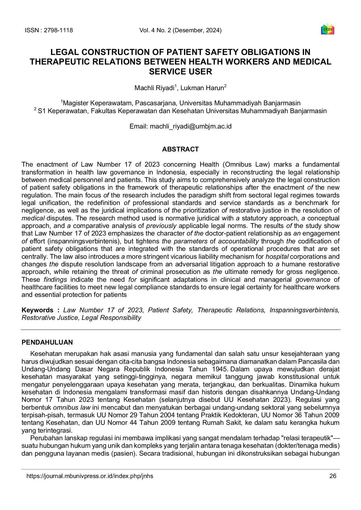 JURIS Legal Construction Of Patient Safety Obligations In Therapeutic Relations Between Health Workers And Medical Service User
