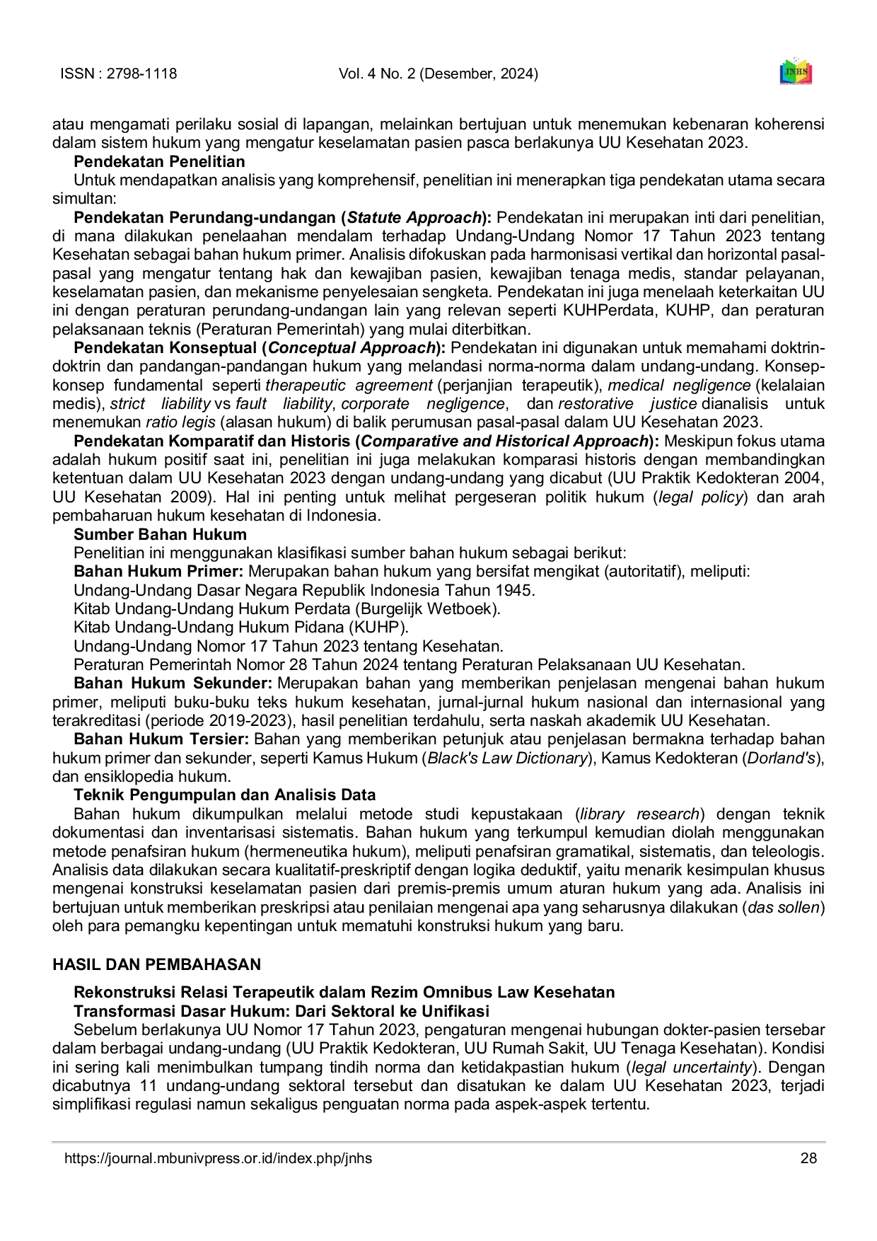 JURIS Legal Construction Of Patient Safety Obligations In Therapeutic Relations Between Health Workers And Medical Service User