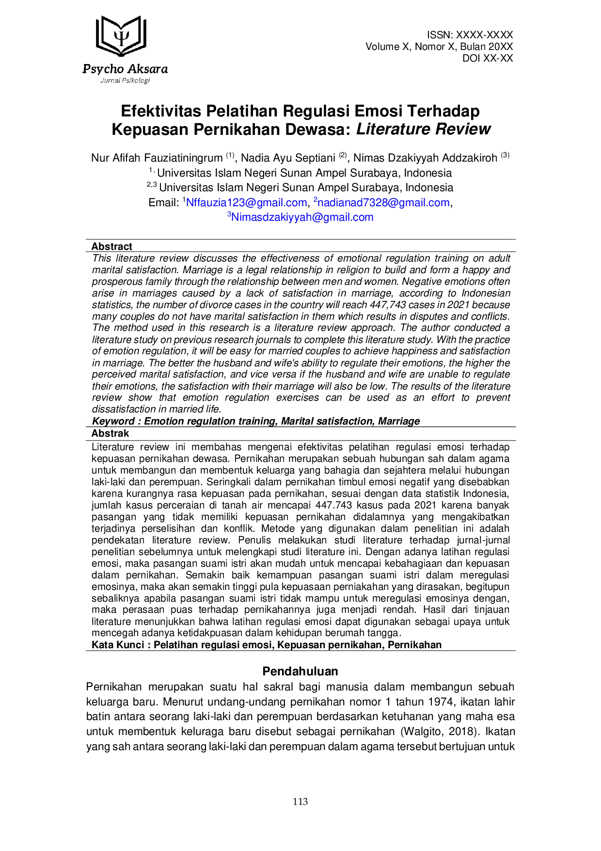 JURIS Efektivitas Pelatihan Regulasi Emosi Terhadap Kepuasan Pernikahan Dewasa Literature Review
