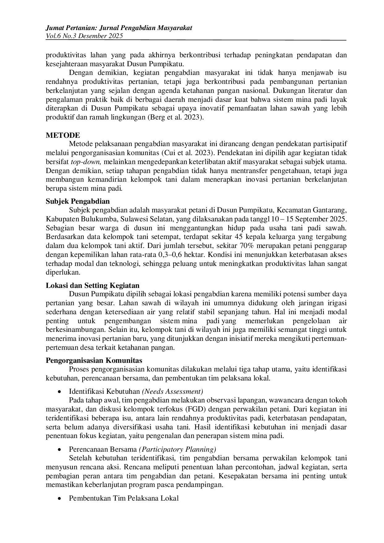 JURIS Pemberdayaan Petani Pumpikatu melalui Penerapan Mina Padi sebagai Upaya Optimalisasi Lahan Sawah