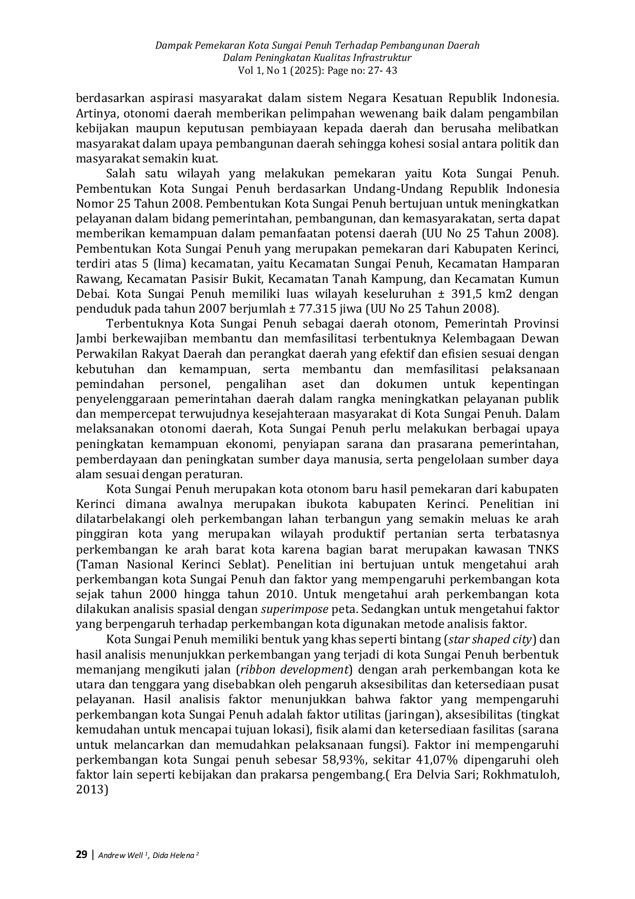 JURIS Dampak Pemekaran Kota Sungai Penuh Terhadap Pembangunan Daerah Dalam Peningkatan Kualitas Infrastruktur