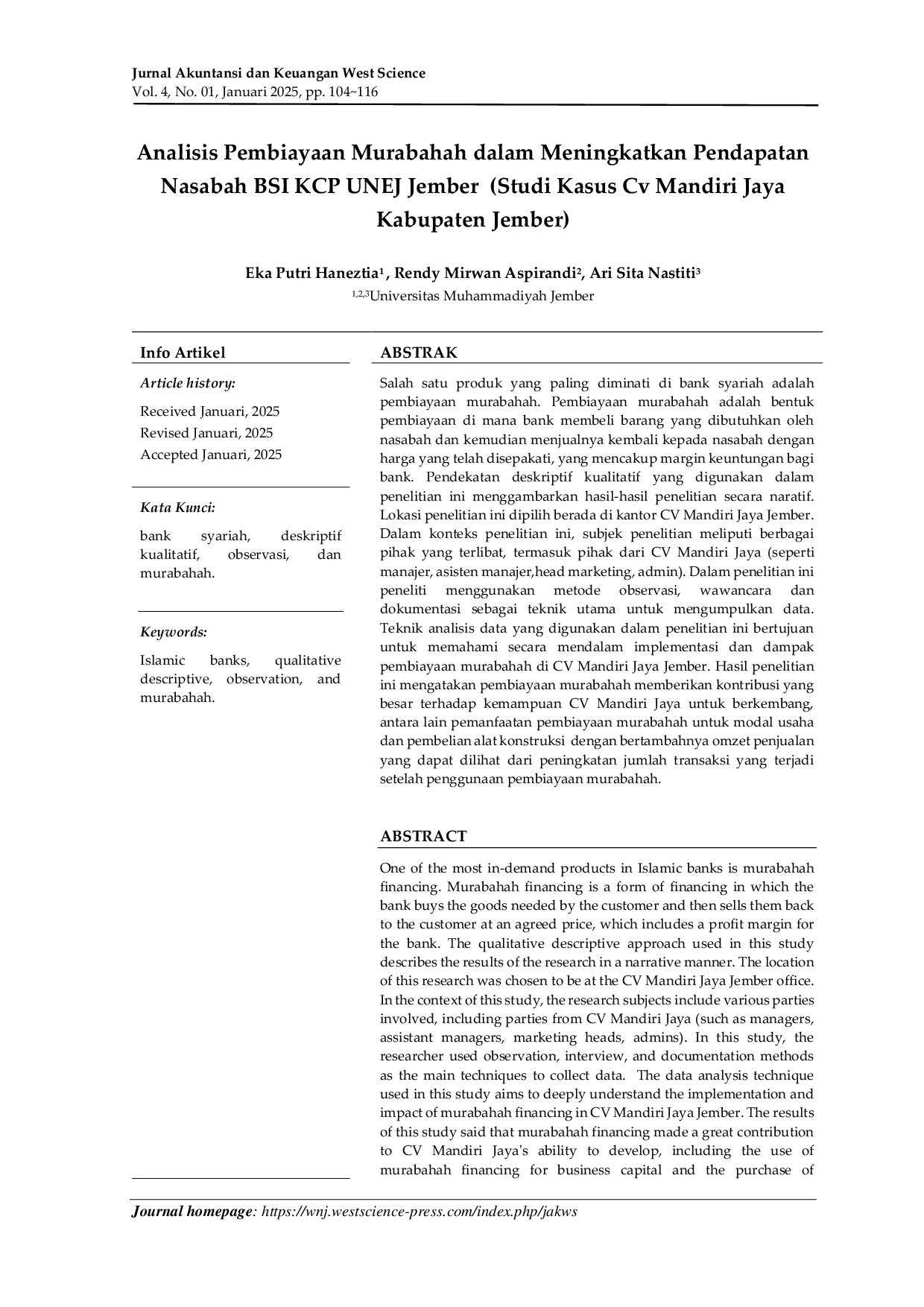 JURIS Analisis Pembiayaan Murabahah dalam Meningkatkan Pendapatan Nasabah BSI KCP UNEJ Jember Studi Kasus CV Mandiri Jaya Kabupaten Jember