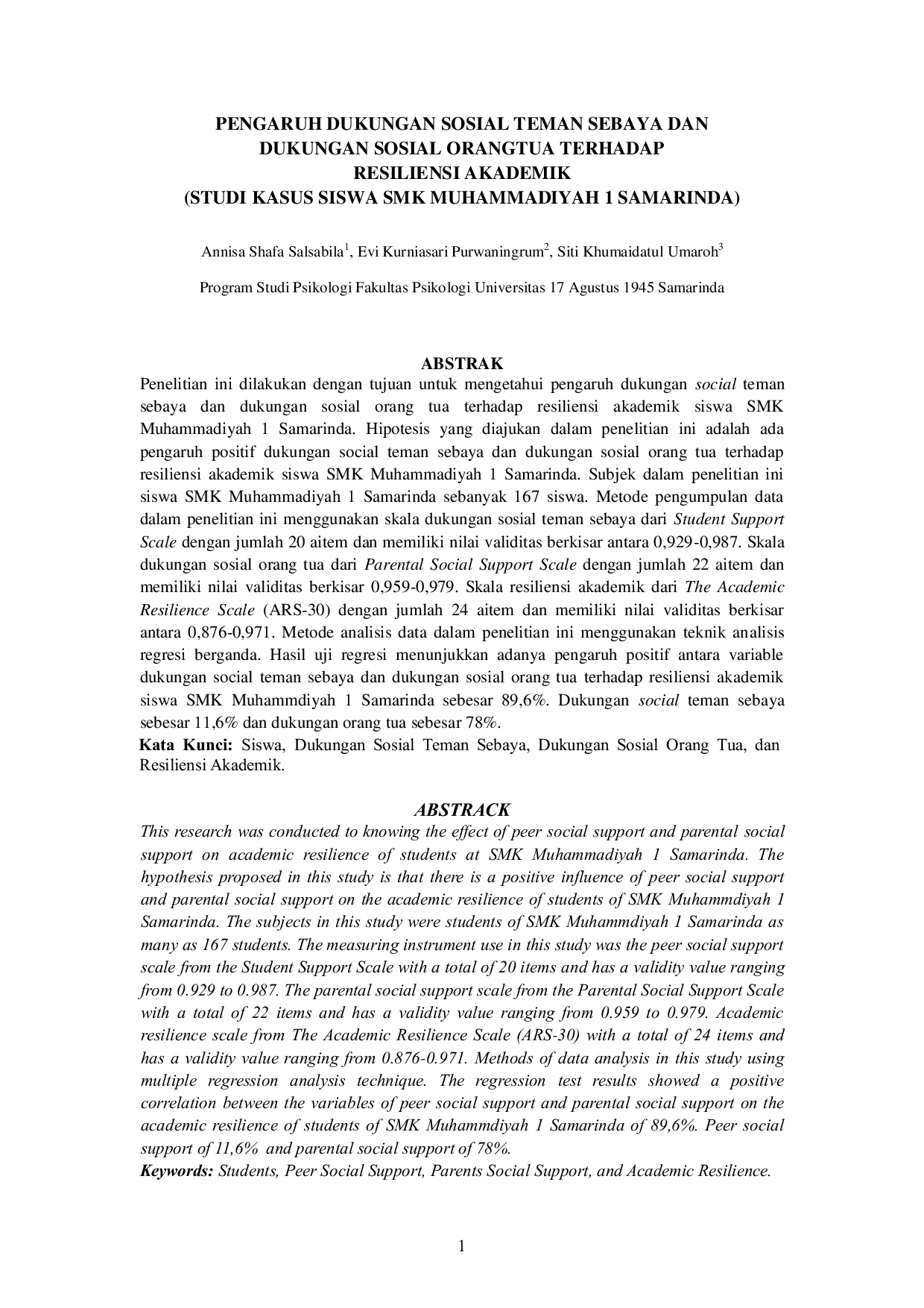 JURIS Pengaruh Dukungan Sosial Teman Sebaya Dan Dukungan Sosial Orang Tua Terhadap Resiliensi Akademik Studi Kasus Siswa Smk Muhammadiyah 1 Samarinda