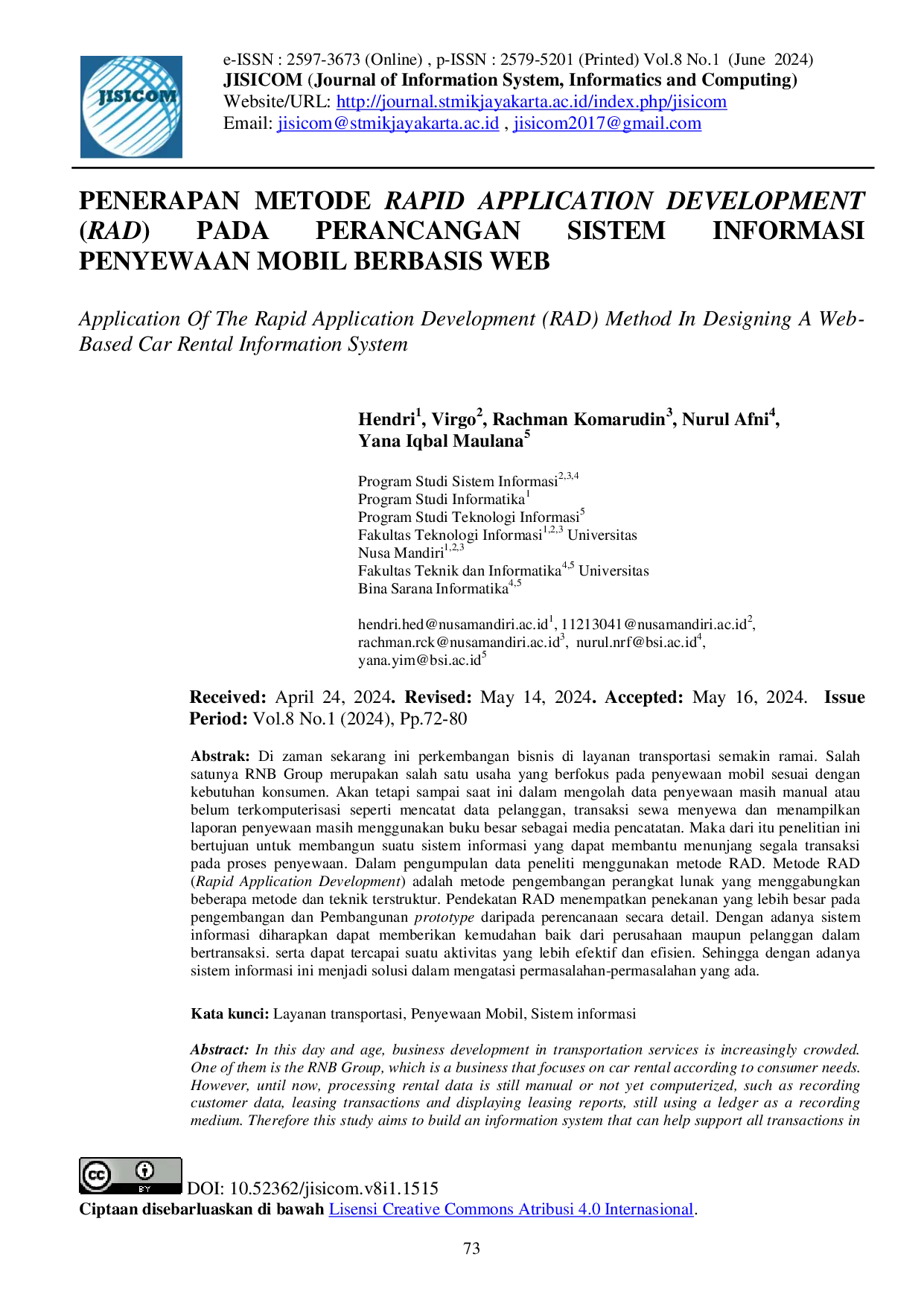 JURIS Application Of The Rapid Application Development RAD Method In Designing A Web Based Car Rental Information System