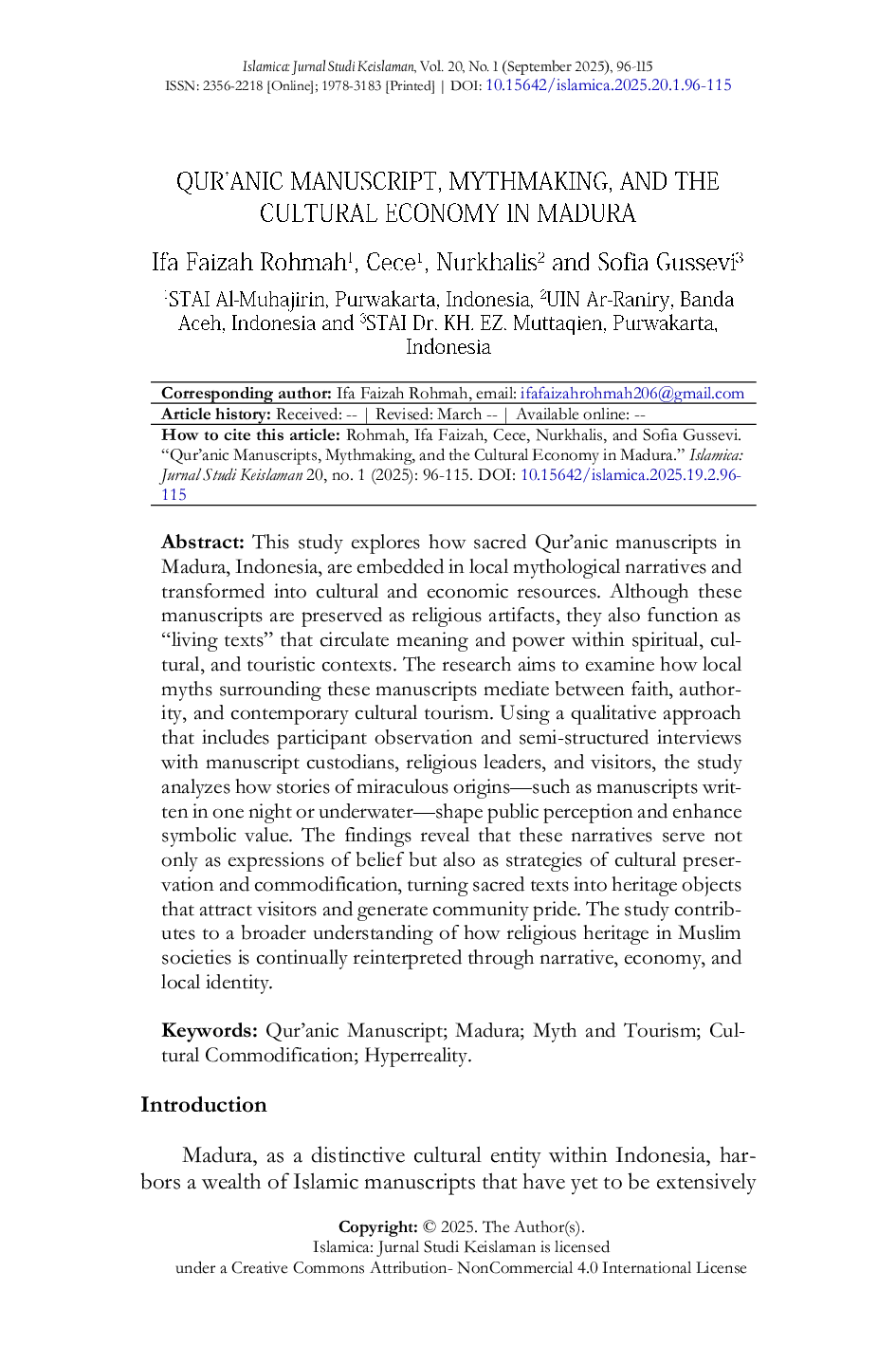 JURIS Qur anic Manuscripts Mythmaking and the Cultural Economy in Madura