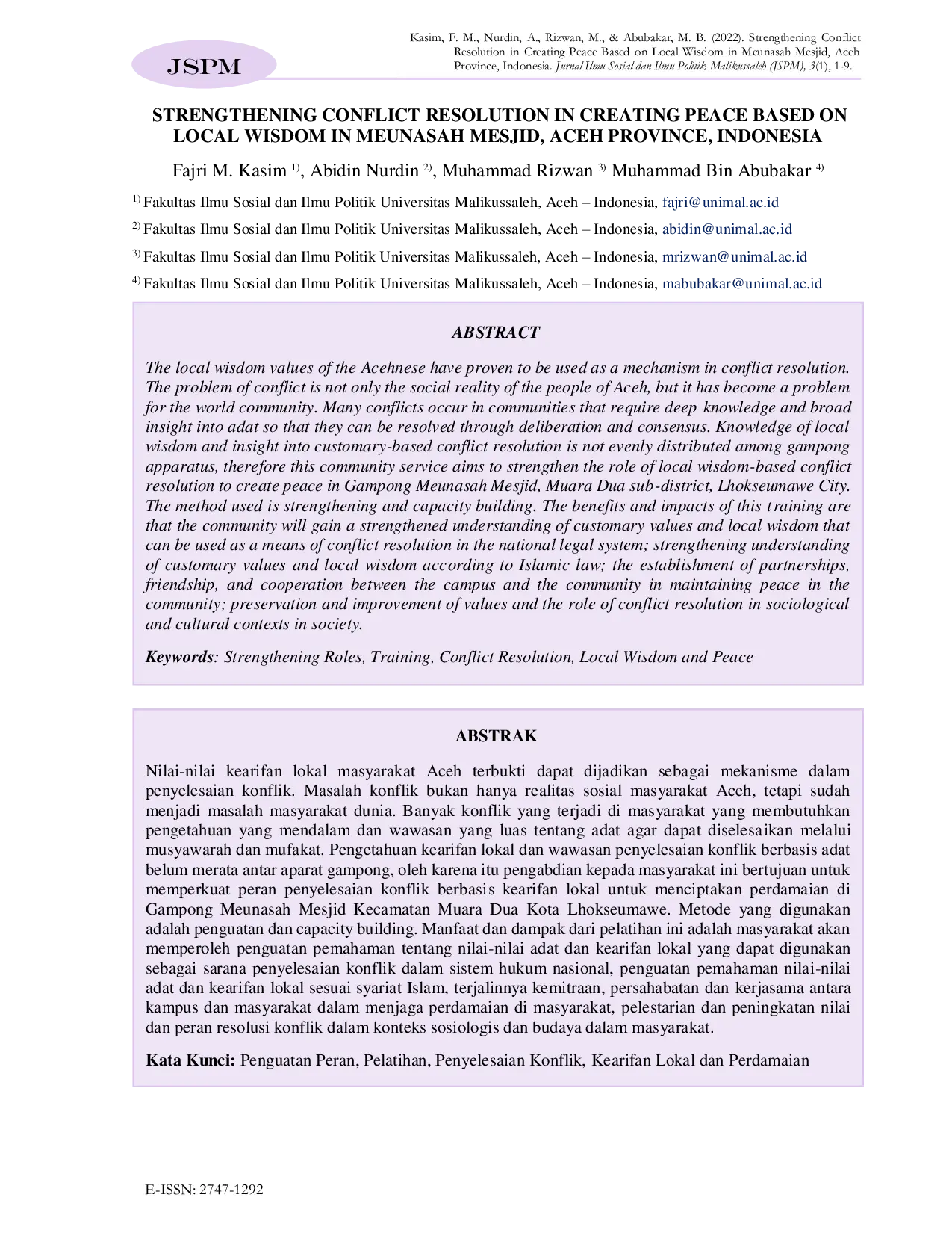 JURIS Strengthening Conflict Resolution in Creating Peace Based on Local Wisdom in Meunasah Mesjid Aceh Province Indonesia
