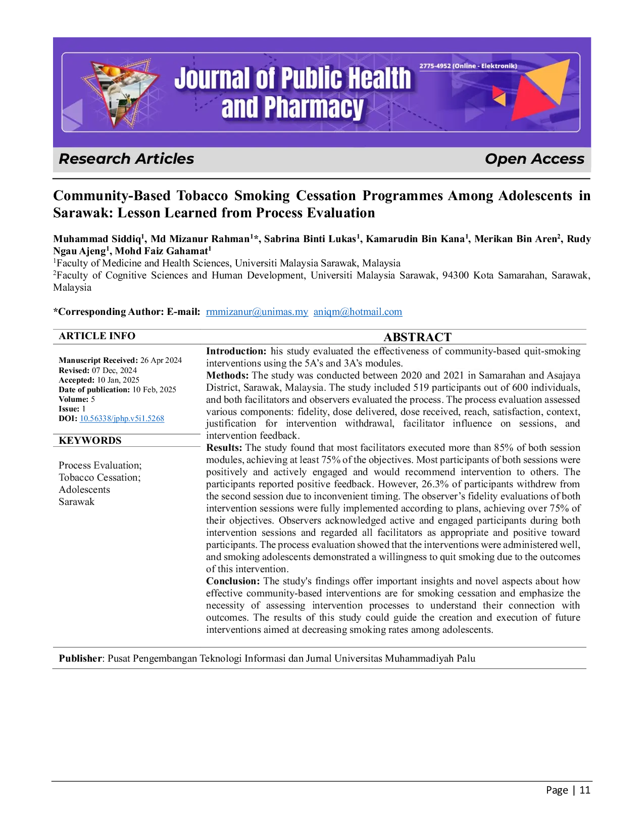 JURIS Community Based Tobacco Smoking Cessation Programmes Among Adolescents in Sarawak Lesson Learned from Process Evaluation