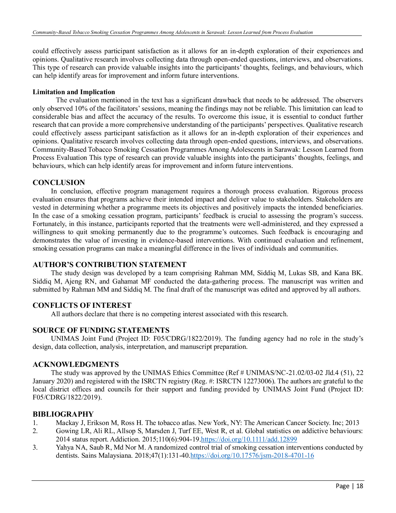 JURIS Community Based Tobacco Smoking Cessation Programmes Among Adolescents in Sarawak Lesson Learned from Process Evaluation