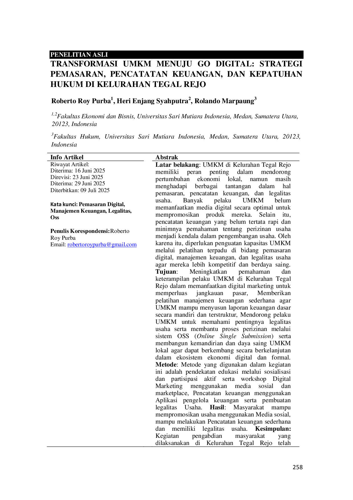 JURIS Transformasi UMKM Menuju Go Digital Strategi Pemasaran Pencatatan Keuangan Dan Kepatuhan Hukum Di Kelurahan Tegal Rejo