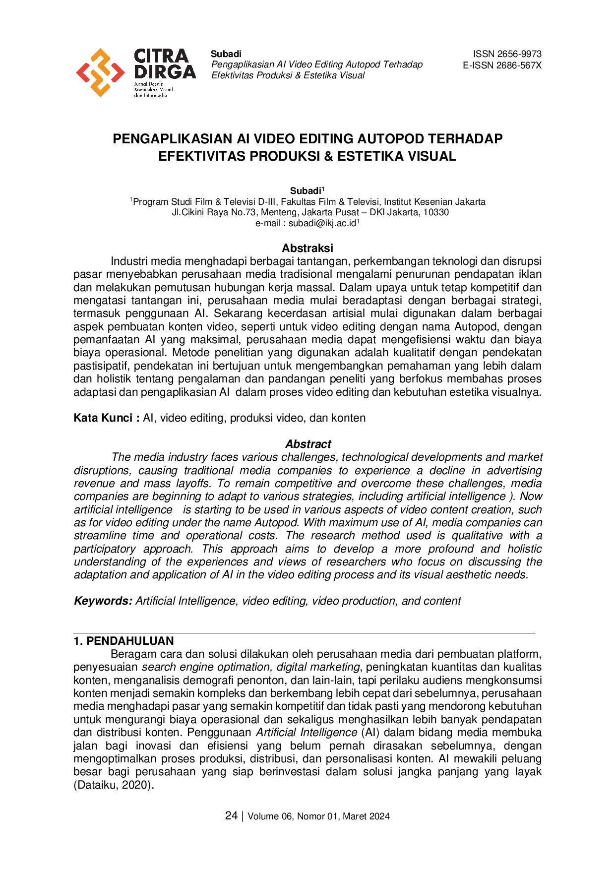 JURIS Pengaplikasian AI Video Editing Autopod Terhadap Efektifitas Produksi Estetika Visual