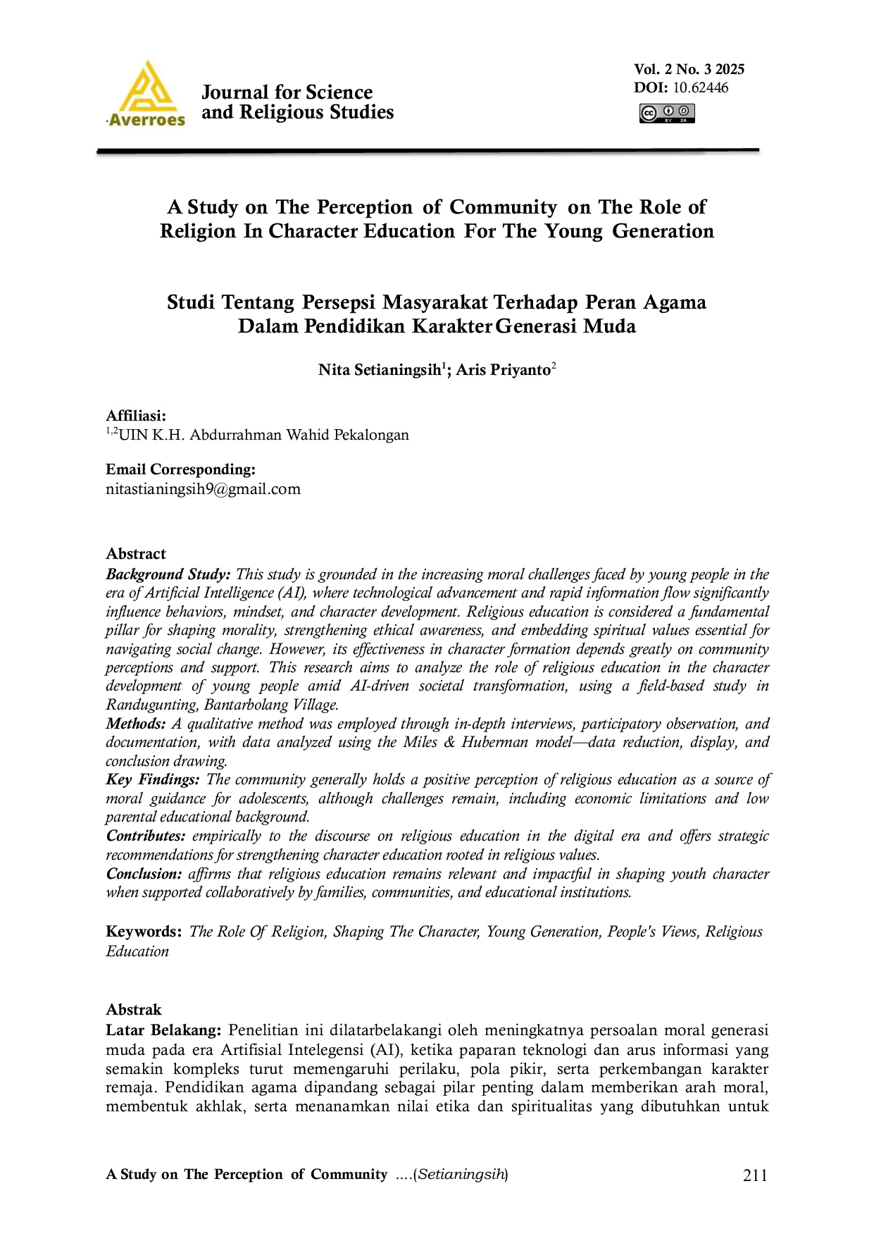 JURIS A Study on The Perception of Community on The Role of Religion In Character Education For The Young Generation