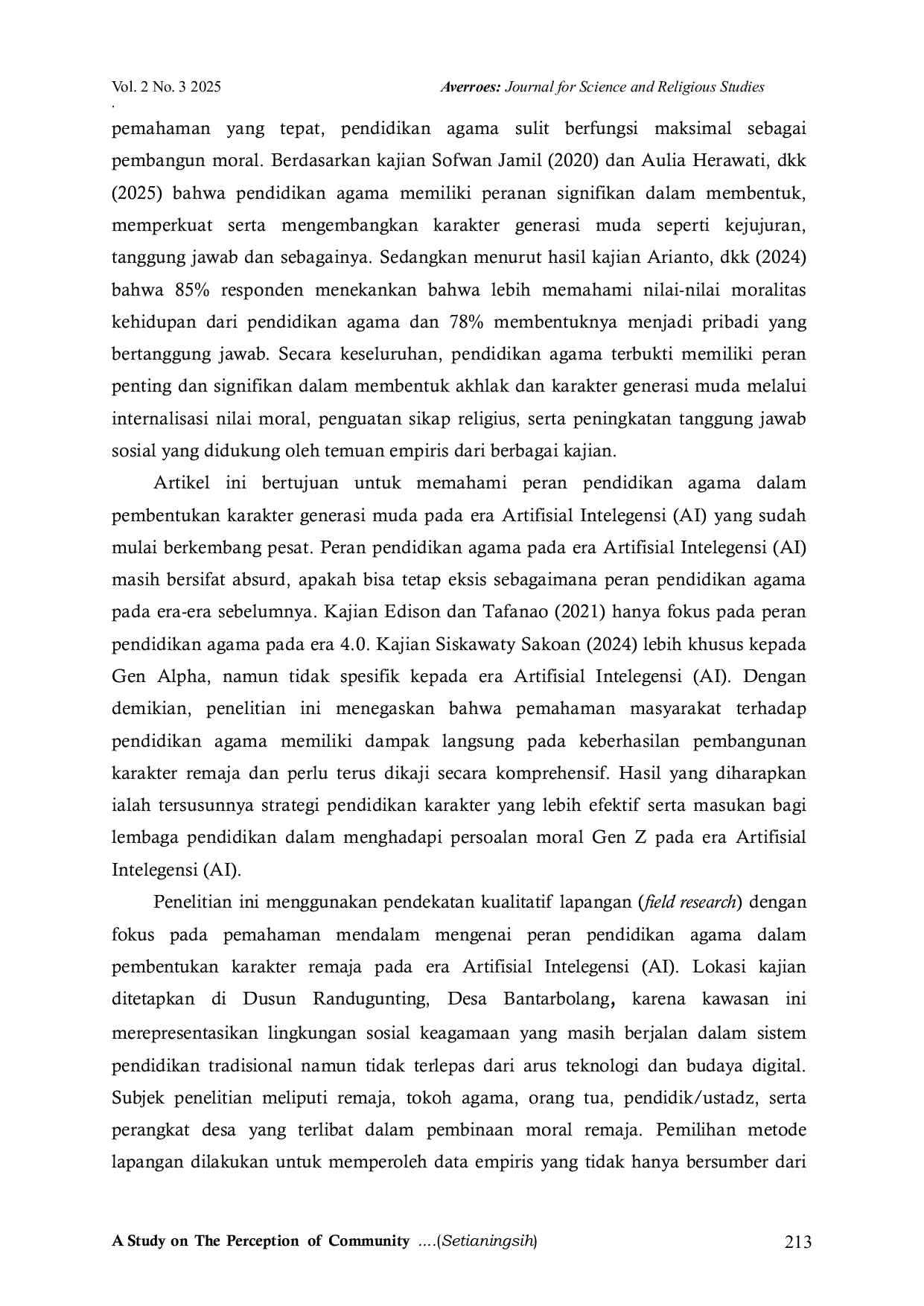 JURIS A Study on The Perception of Community on The Role of Religion In Character Education For The Young Generation