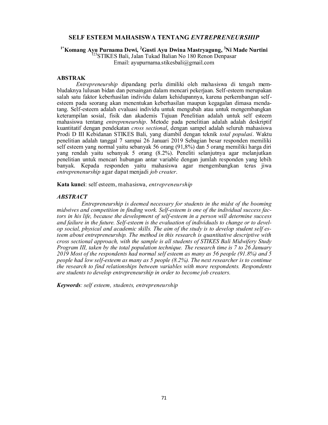 JURIS Self Esteem Mahasiswa Tentang Entrepreneurship