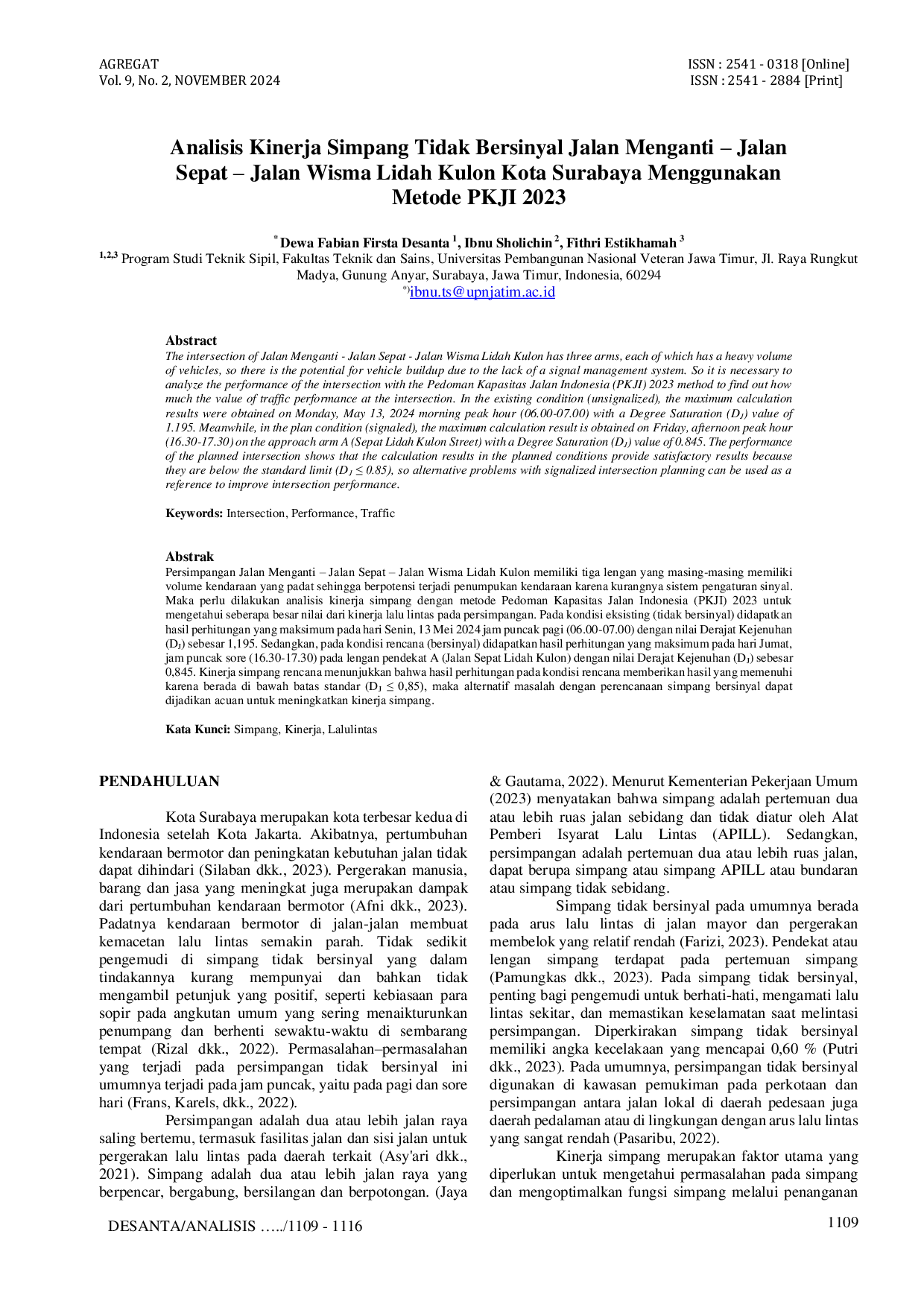 JURIS Analisis Kinerja Simpang Tidak Bersinyal Jalan Menganti Jalan Sepat Jalan Wisma Lidah Kulon Kota Surabaya Menggunakan Metode PKJI 2023