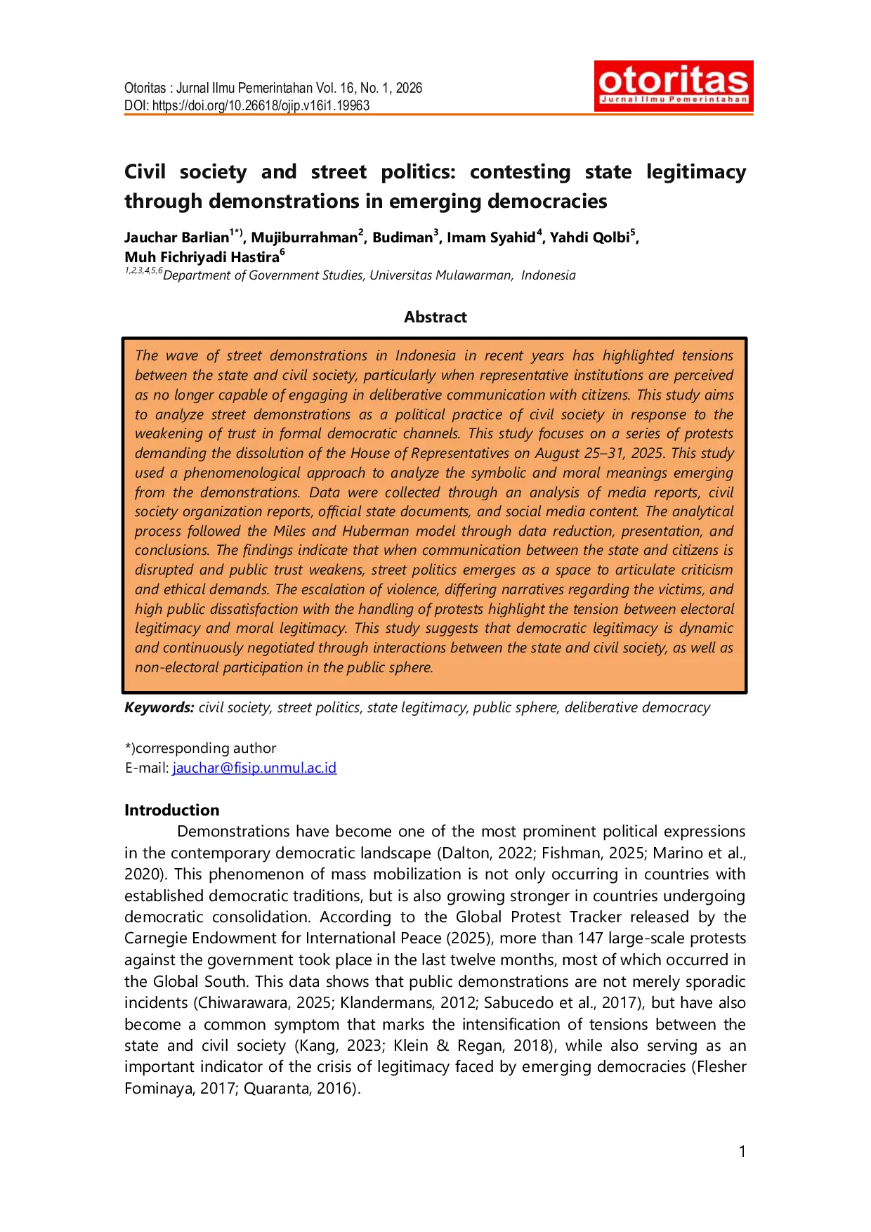 JURIS Civil society and street politics contesting state legitimacy through demonstrations in emerging democracies