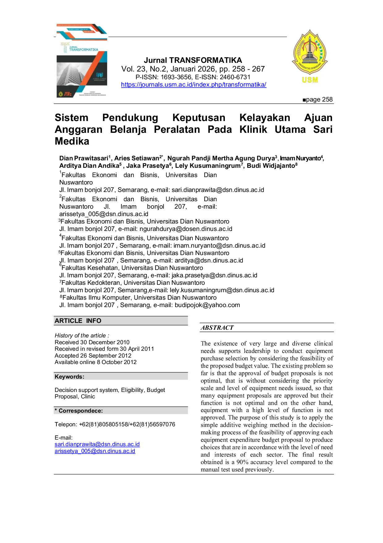 JURIS Decision Support System for the Feasibility of Equipment Procurement Budget Proposals at Sari Medika Primary Clinic