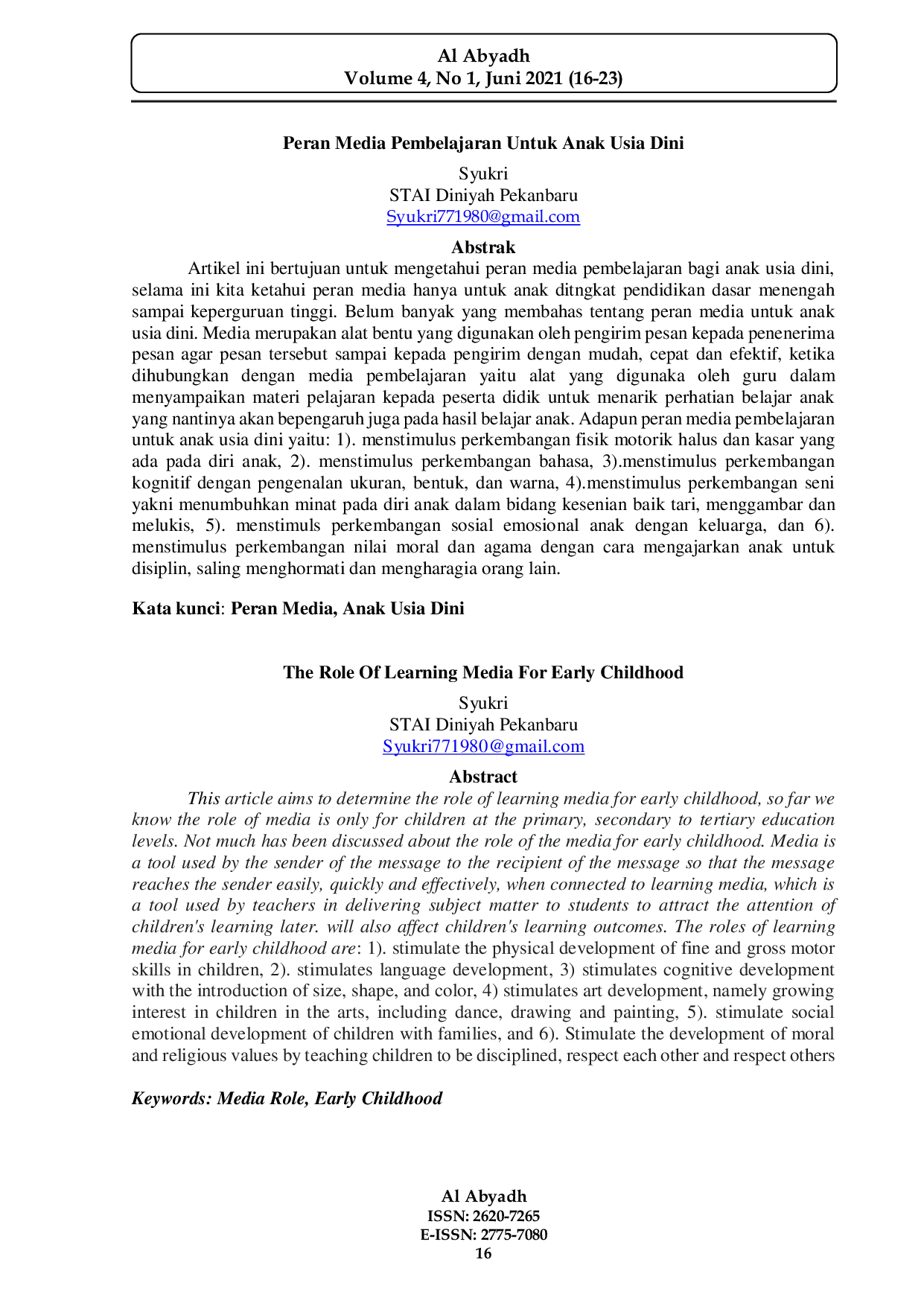 JURIS Peran Media Pembelajaran Untuk Anak Usia Dini