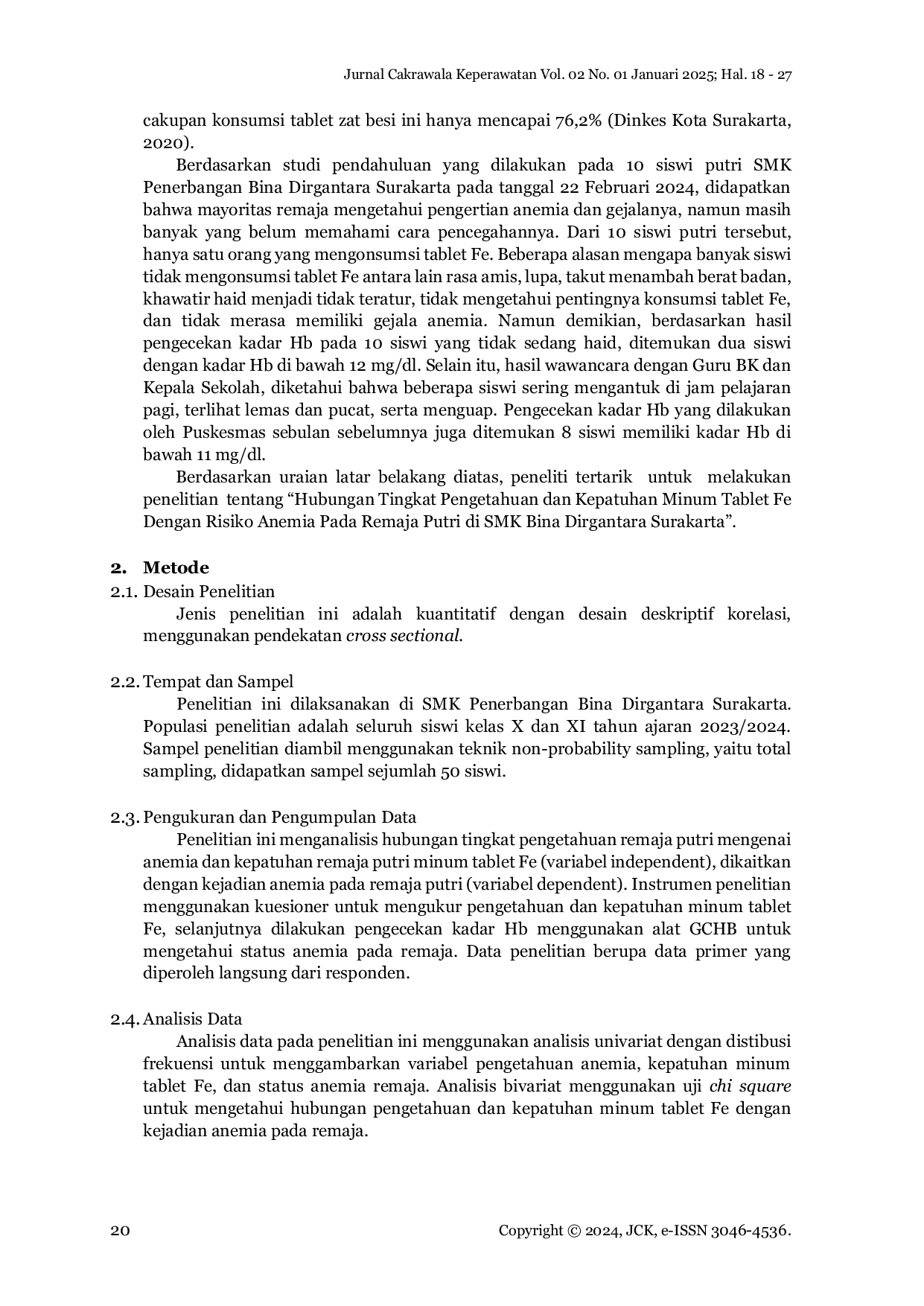 JURIS Hubungan Tingkat Pengetahuan dan Kepatuhan Minum Tablet Fe dengan Risiko Anemia pada Remaja Putri